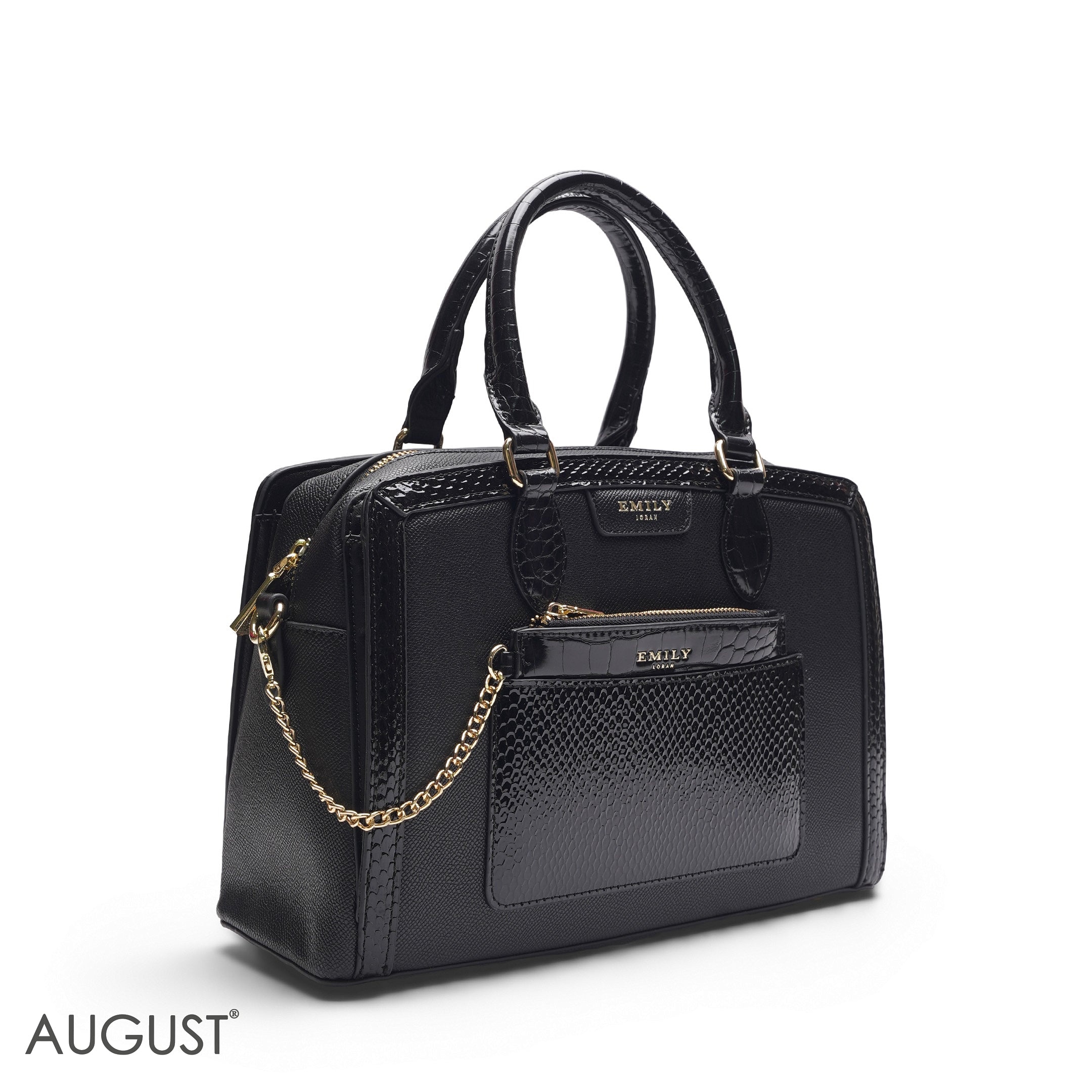 EMILY SOLID BLACK CROCODILE TOTE BAG WITH MINI POUCH - MED