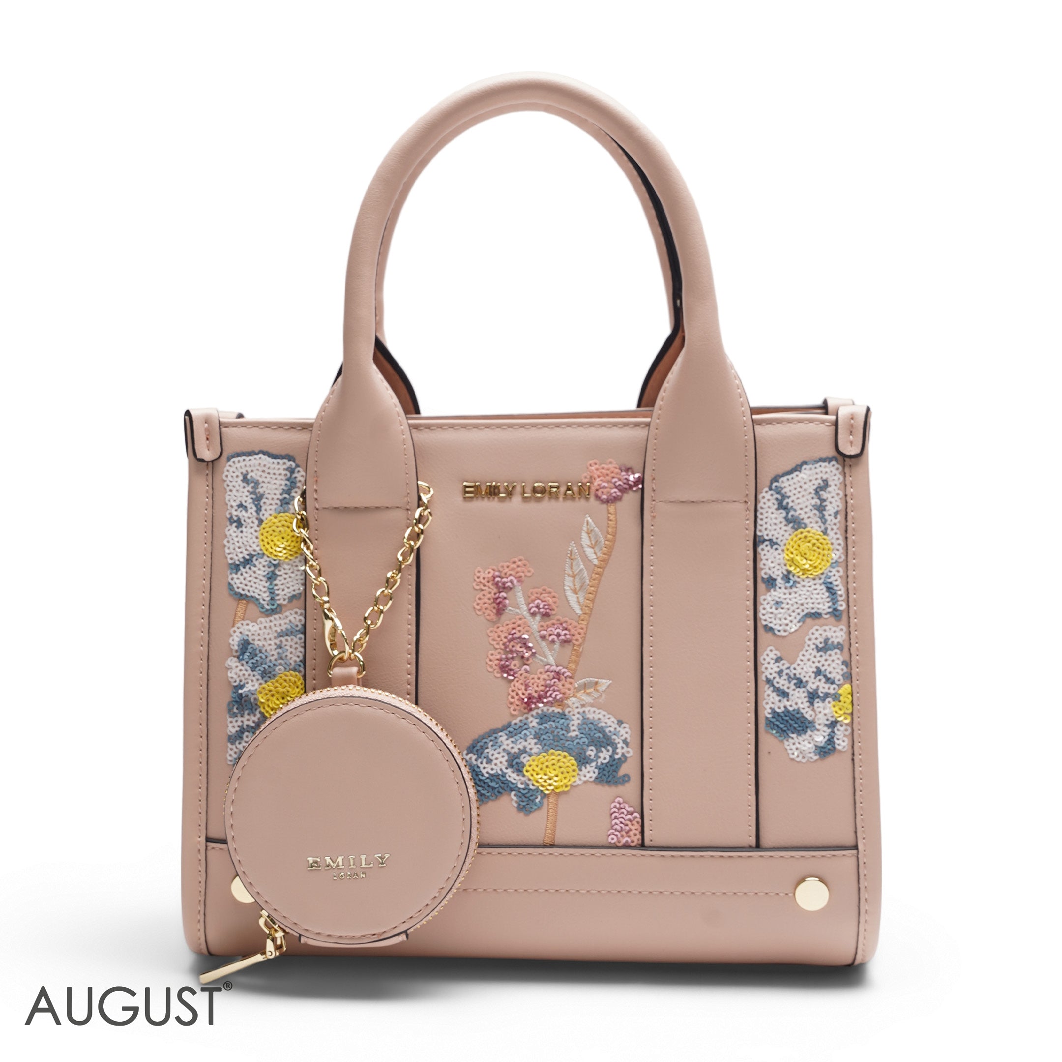 PEACH SEQUIN FLORAL TOTE WITH ROUND POUCH