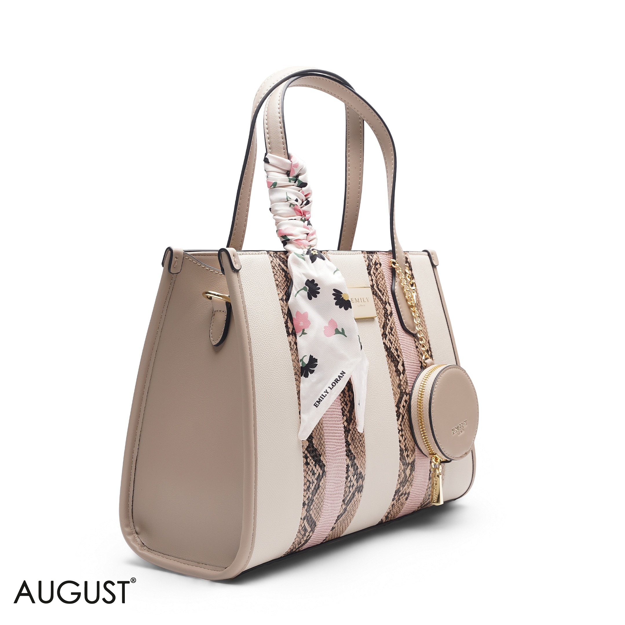 BEIGE & PINK SNAKESKIN TOTE WITH POUCH - LARGE