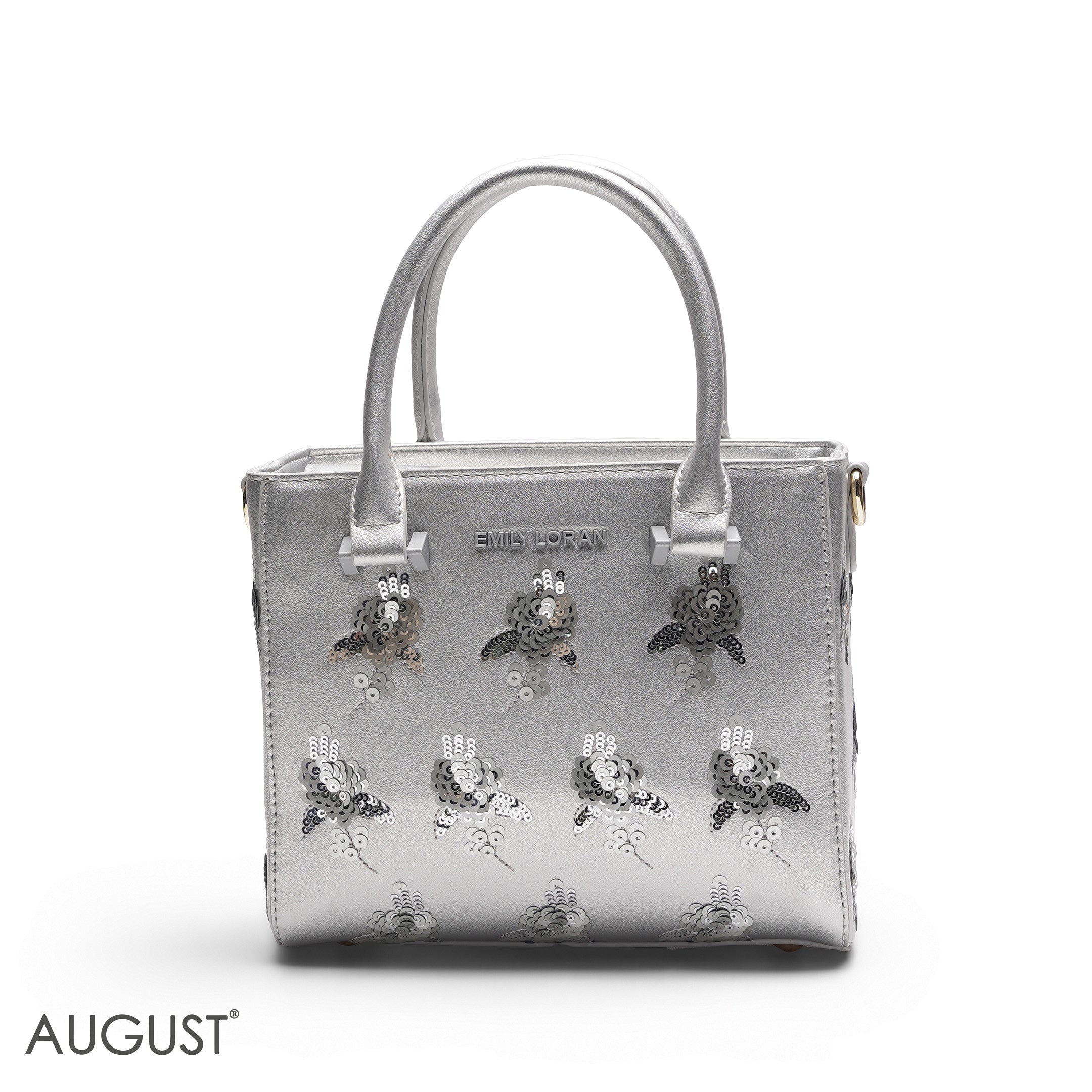 SILVER SEQUIN FLORAL TOTE BAG - SMALL