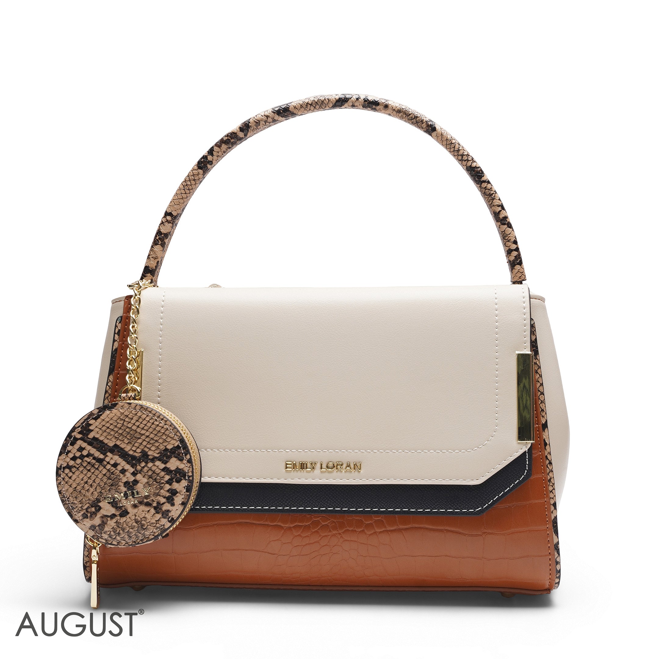 EMILY BEIGE & TAN SNAKESKIN SATCHEL BAG WITH ROUND POUCH - MED