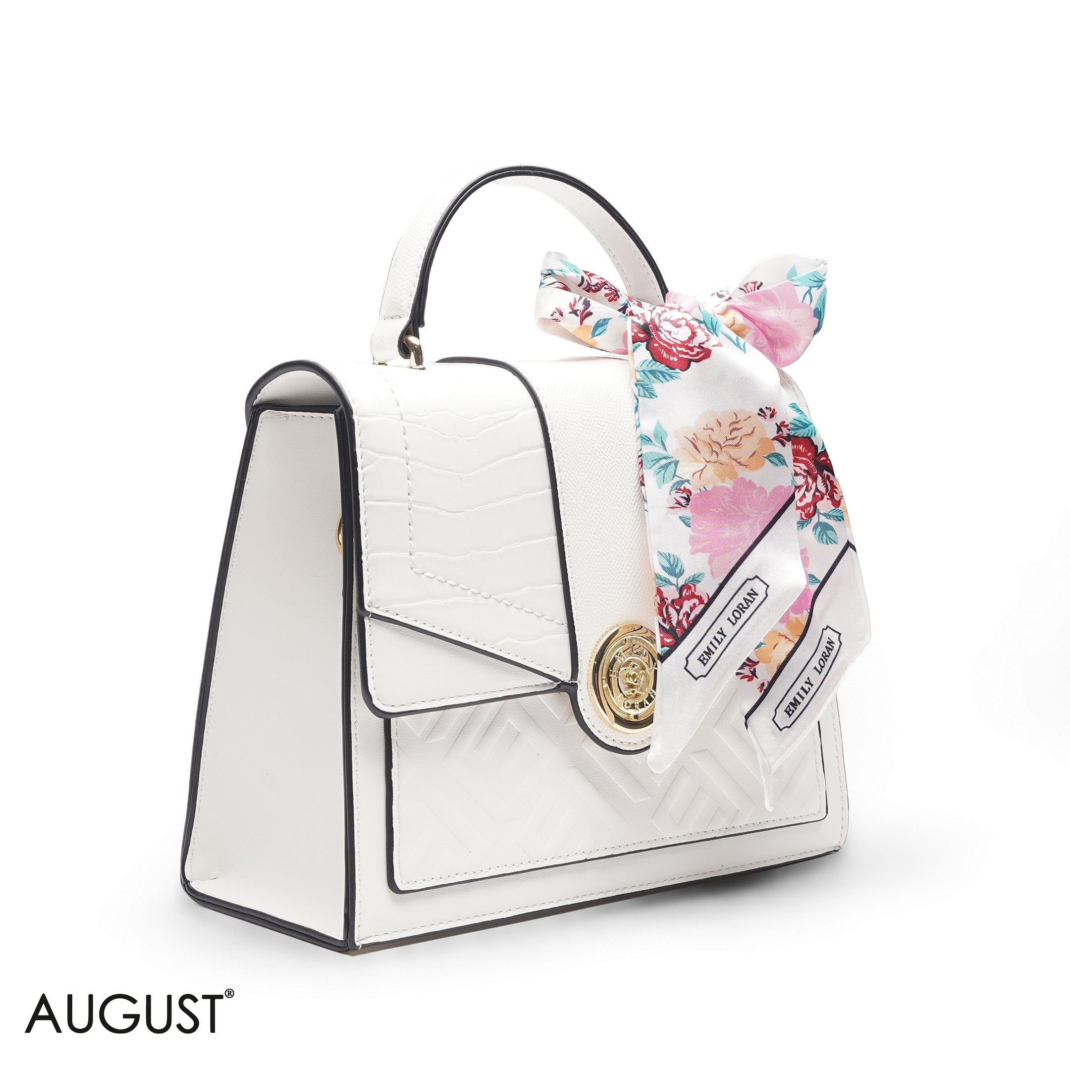 CROC EMBOSSED SCARF WHITE TOP HANDLE BAG -