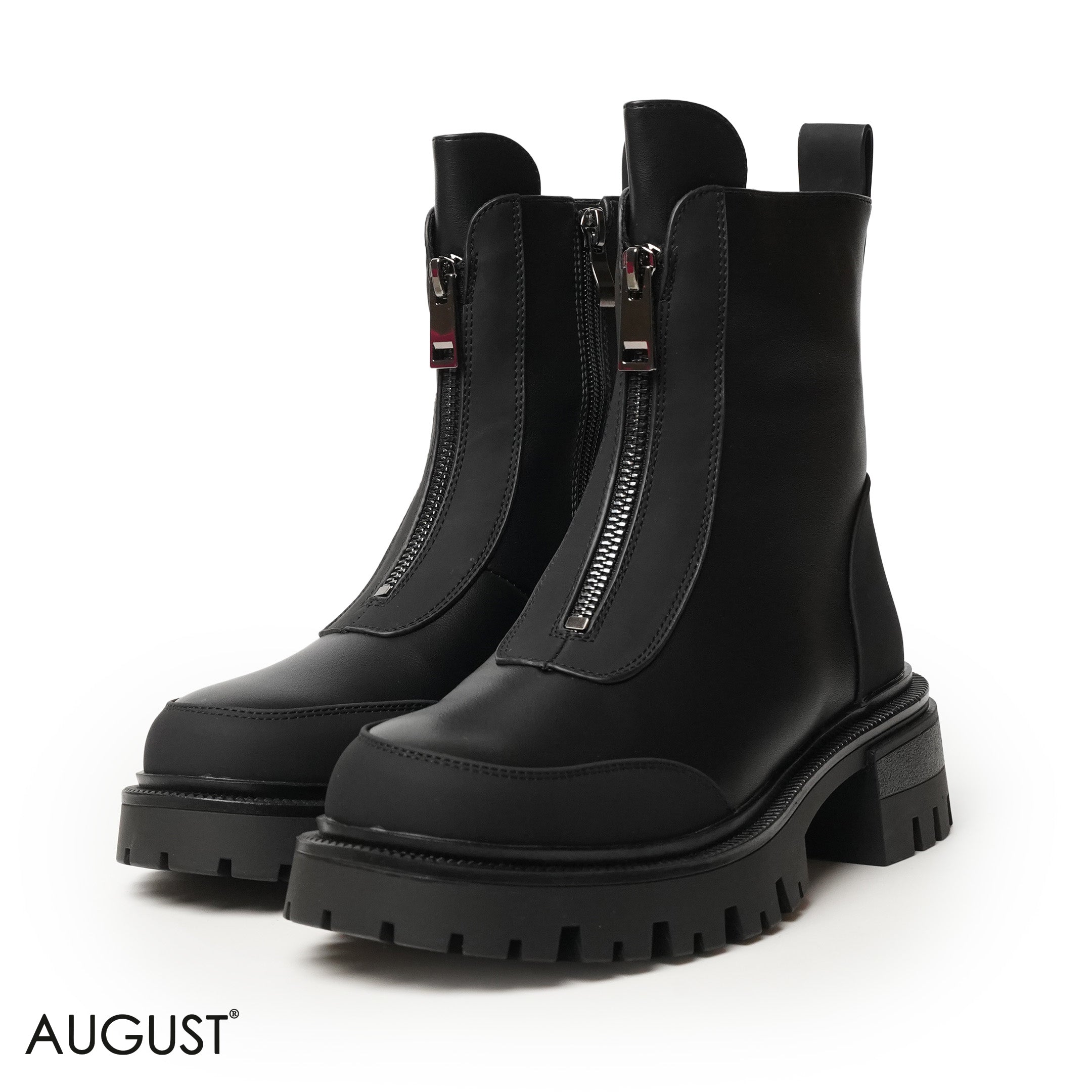 BLACK LEATHER ANKLE BOOTS WITH FRONT ZIPPER,CHUNKY SOLE