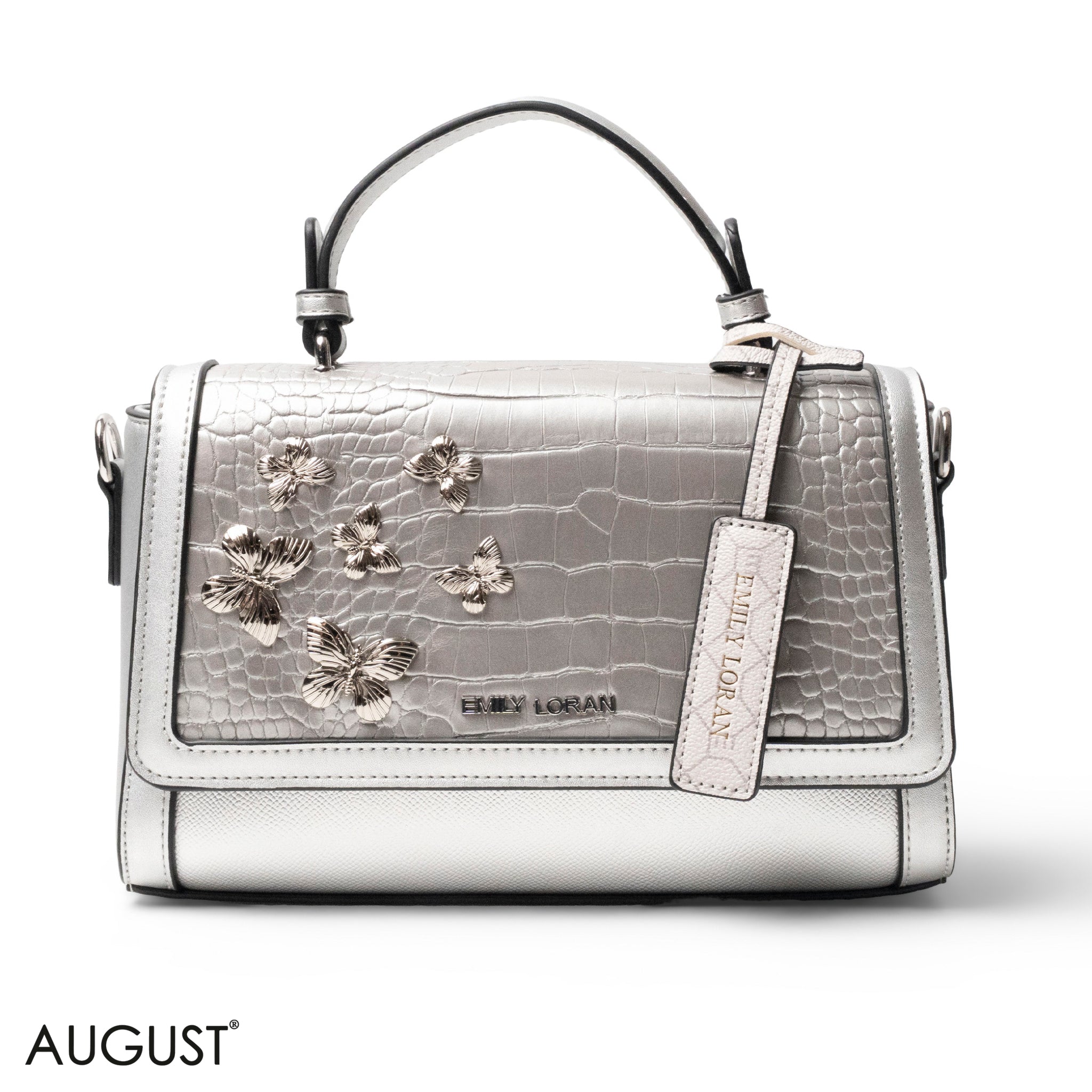 SILVER LEATHER HANDBAG WITH CROC,BUTTERFLIES DETAILS-MED