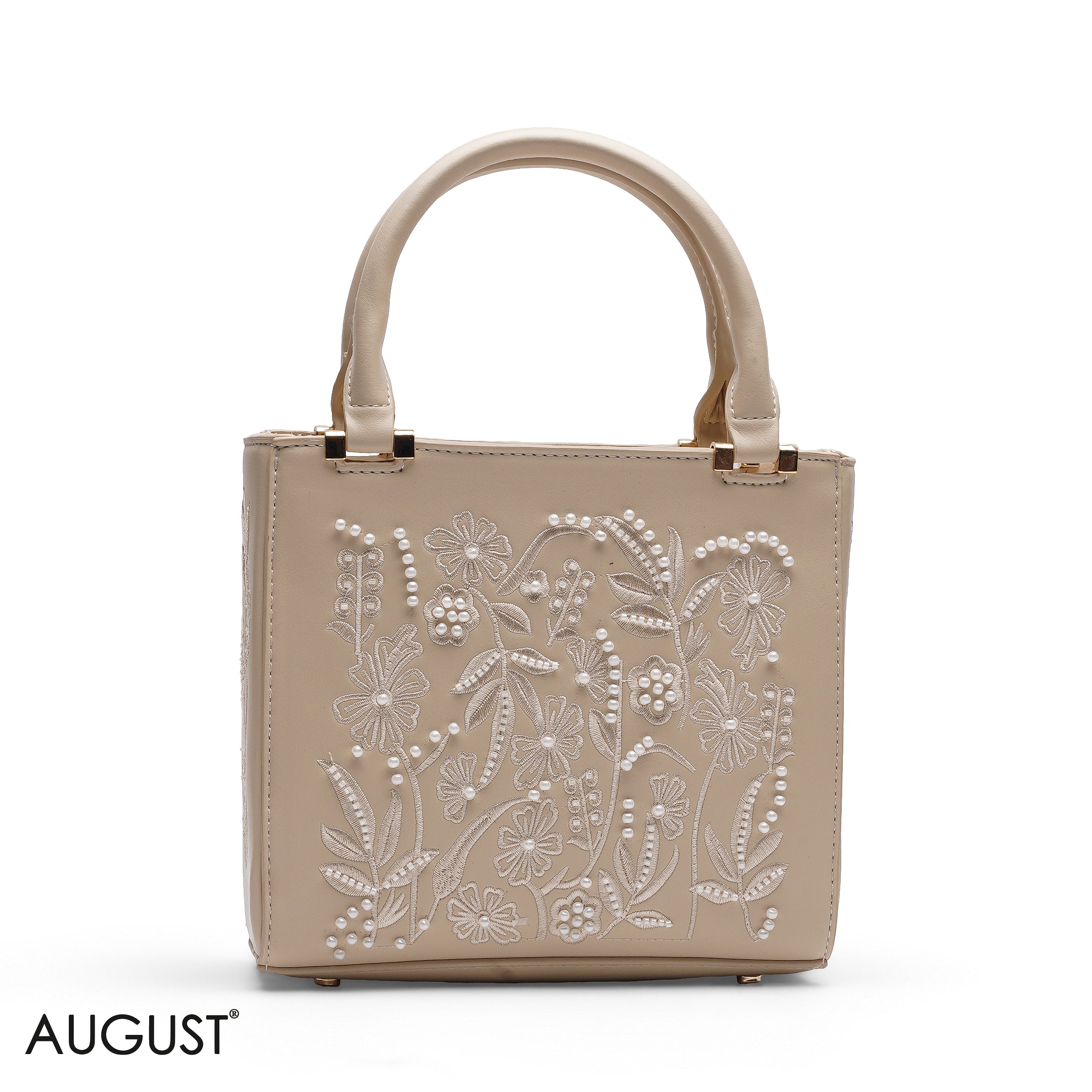 BEIGE FLORAL PEARL EMBROIDERED TOTE BAG