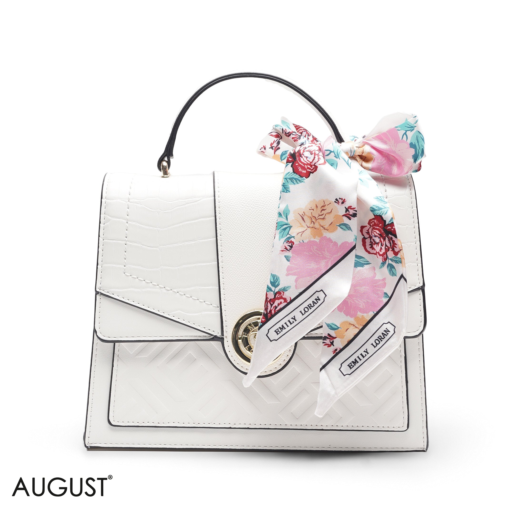 CROC EMBOSSED SCARF WHITE TOP HANDLE BAG -