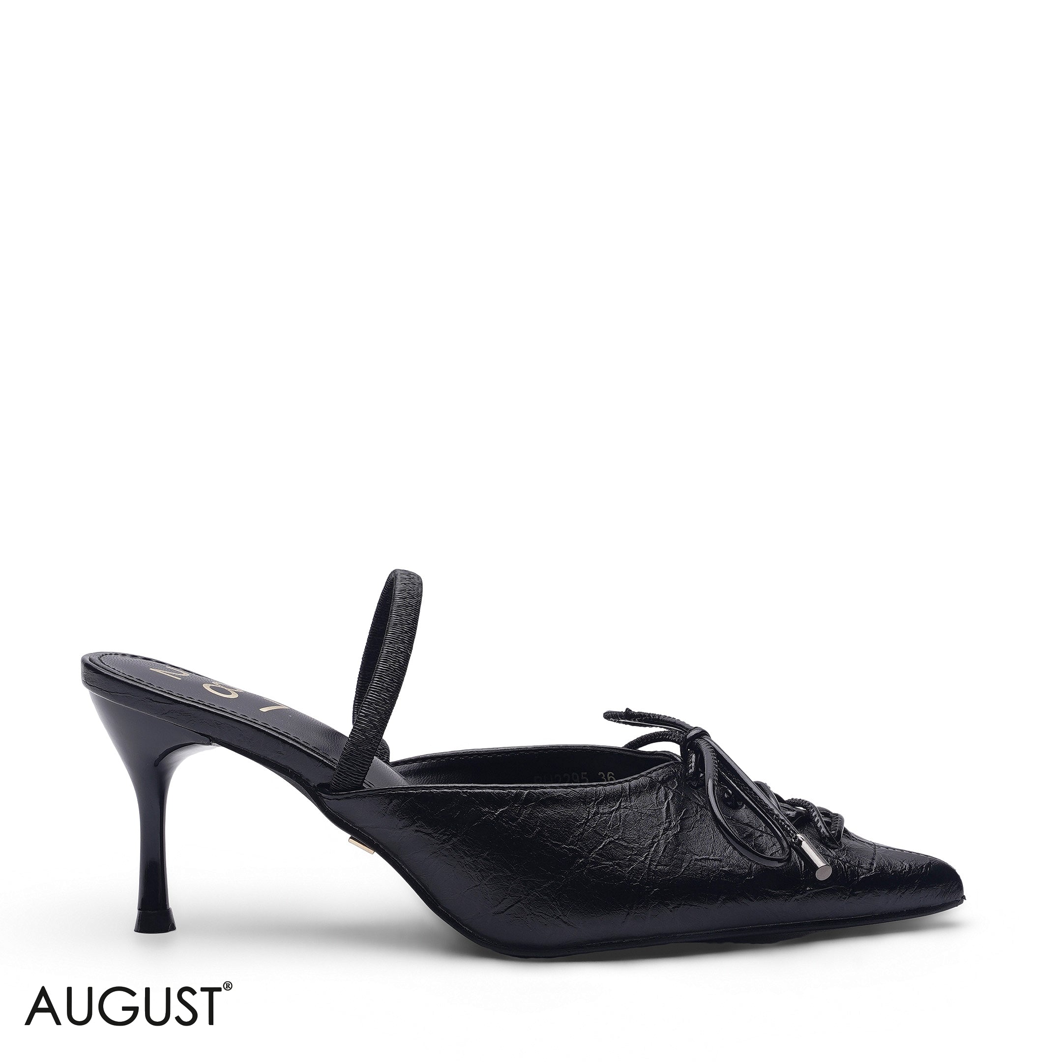 BLACK LEATHER LACE-UP POINTED SLINGBACK HEELS