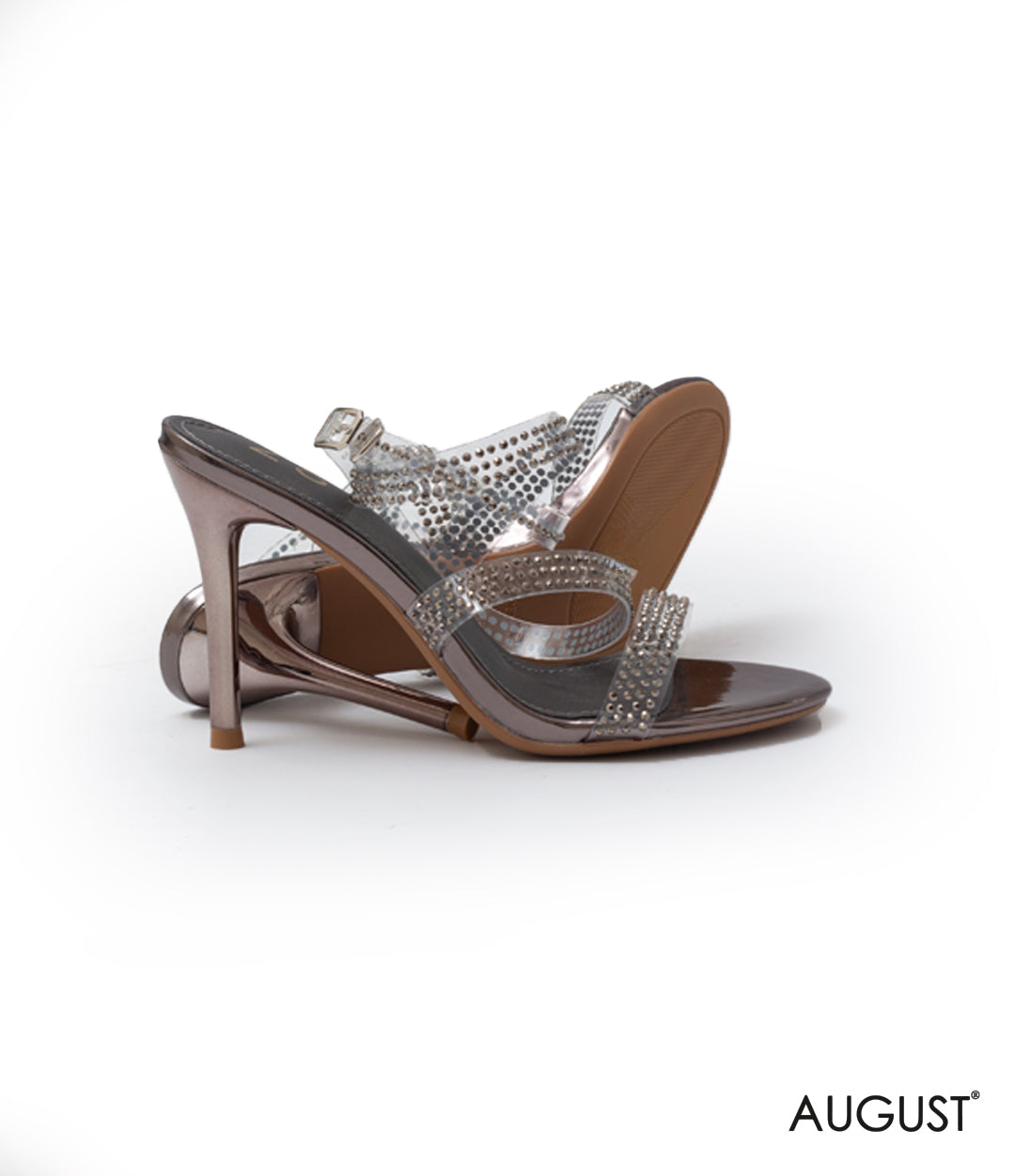 CRYSTAL-EMBELLISHED SILVER STRAPPY HIGH-HEELED SANDAL