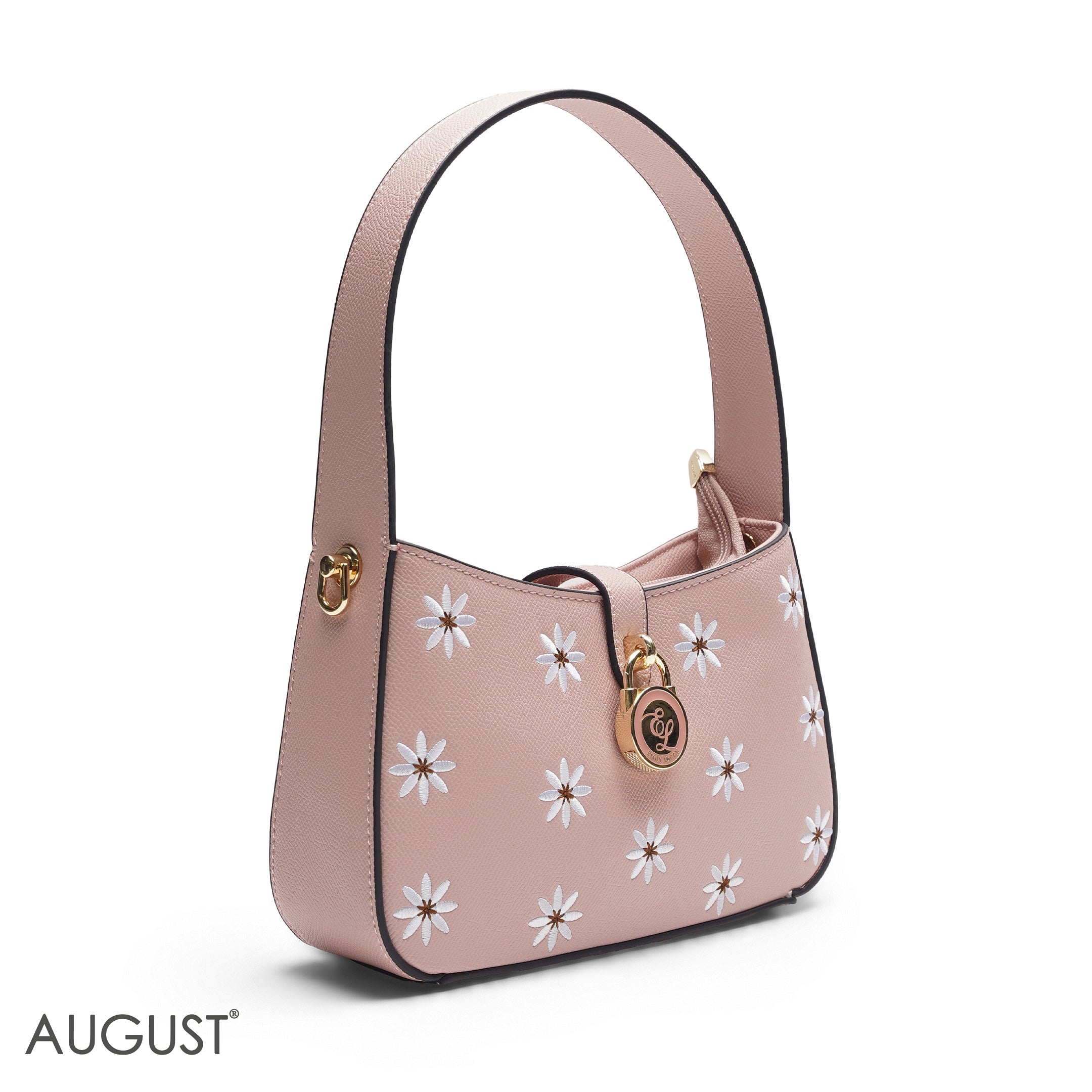 NUDE PINK DAISY EMBROIDERED BAGUETTE BAG
