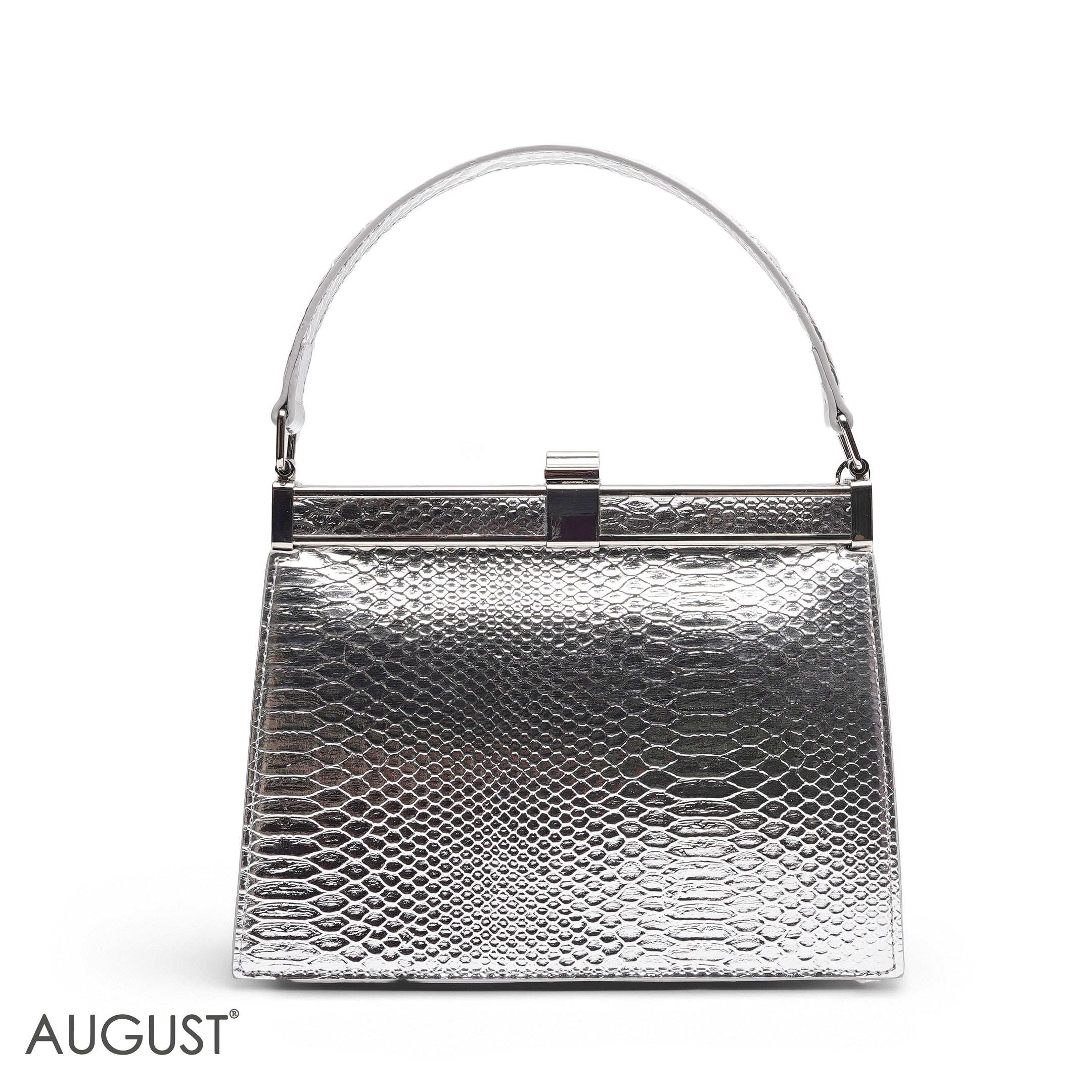 EMILY METALLIC SILVER SNAKESKIN FRAME BAG WITH MINI POUCH - MED