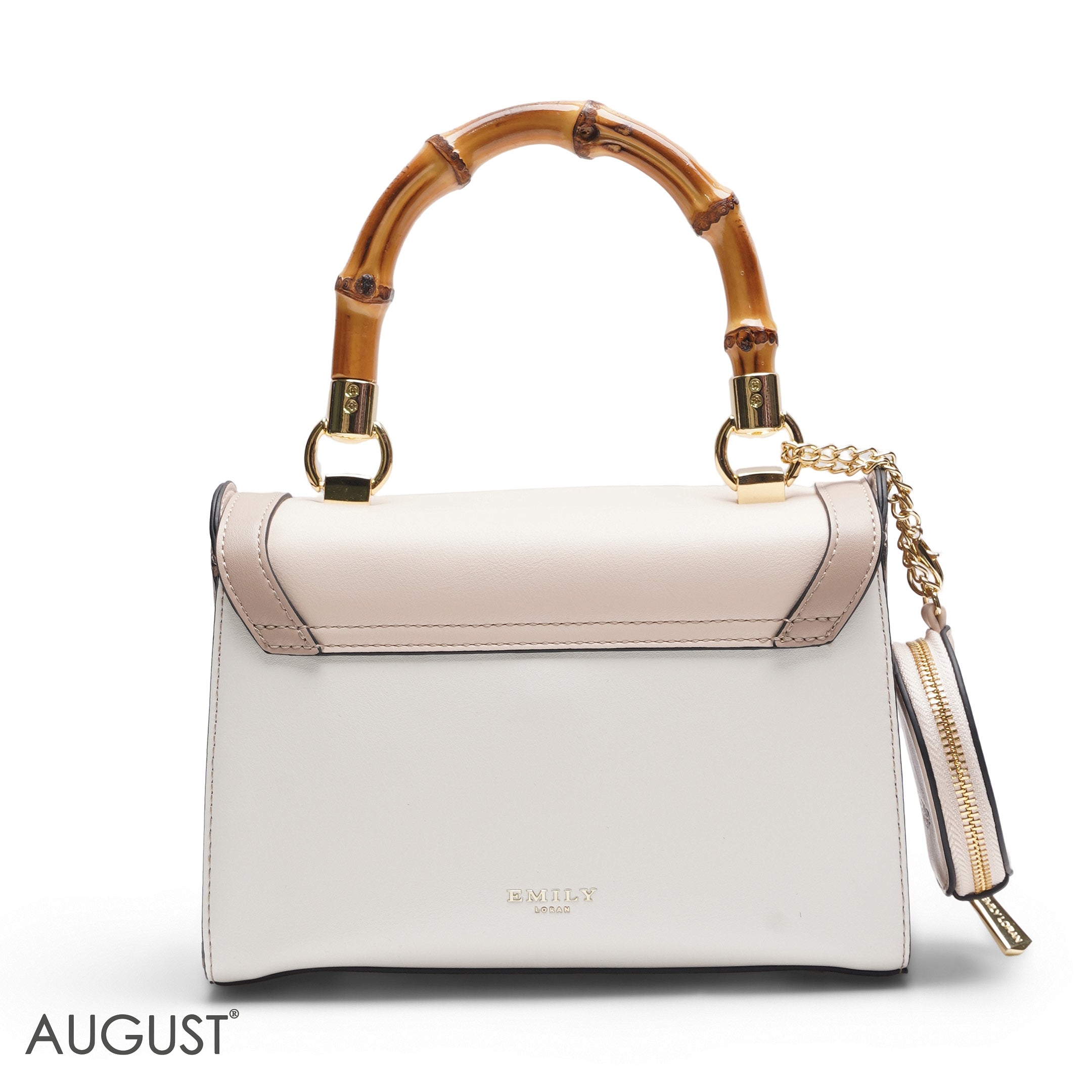 BEIGE & PINK BAMBOO HANDLE BAG WITH ROUND POUCH