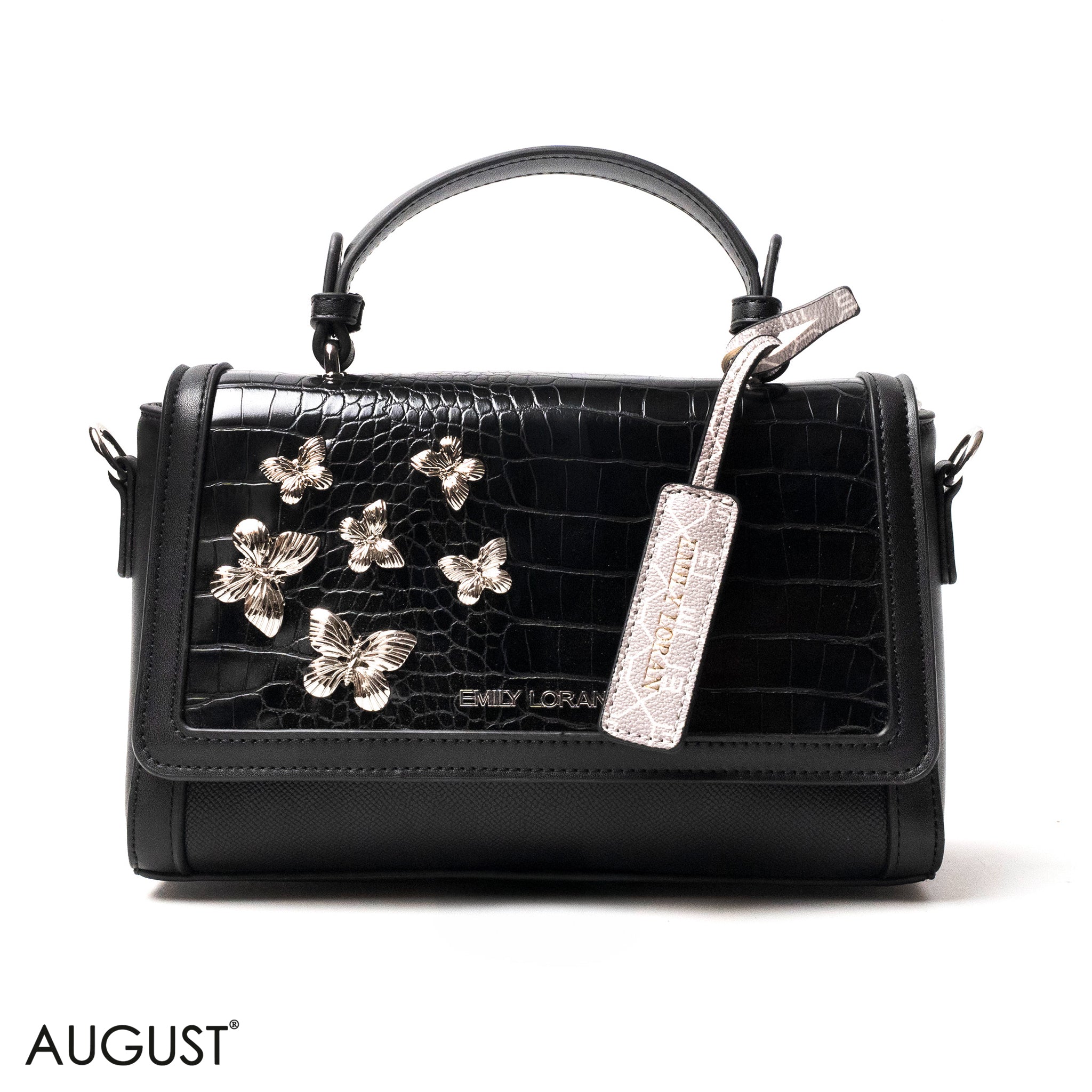 BLACK LEATHER HANDBAG WITH CROC,BUTTERFLIES DETAILS-MED