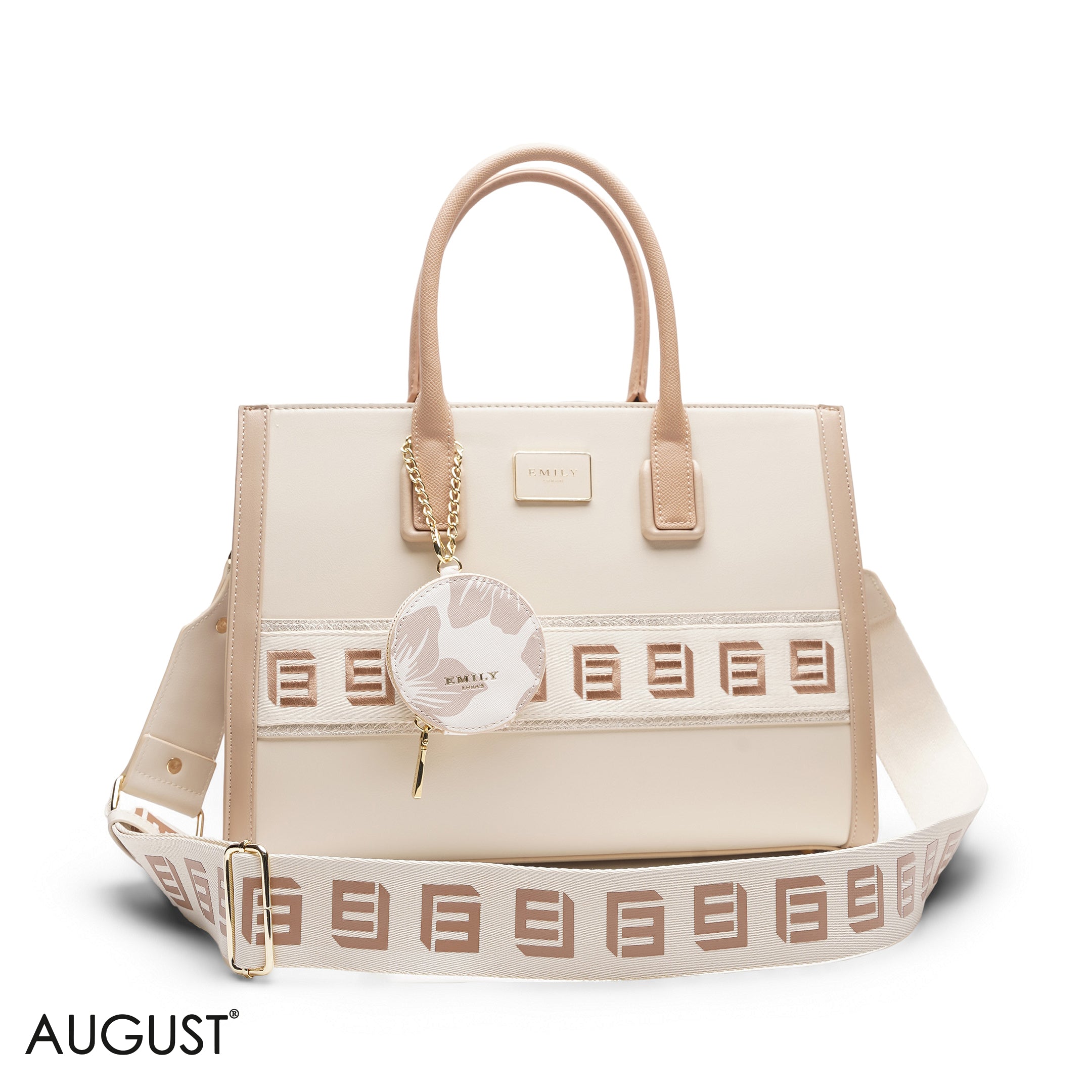 BEIGE SOLID TOTE WITH STRAP & ROUND POUCH