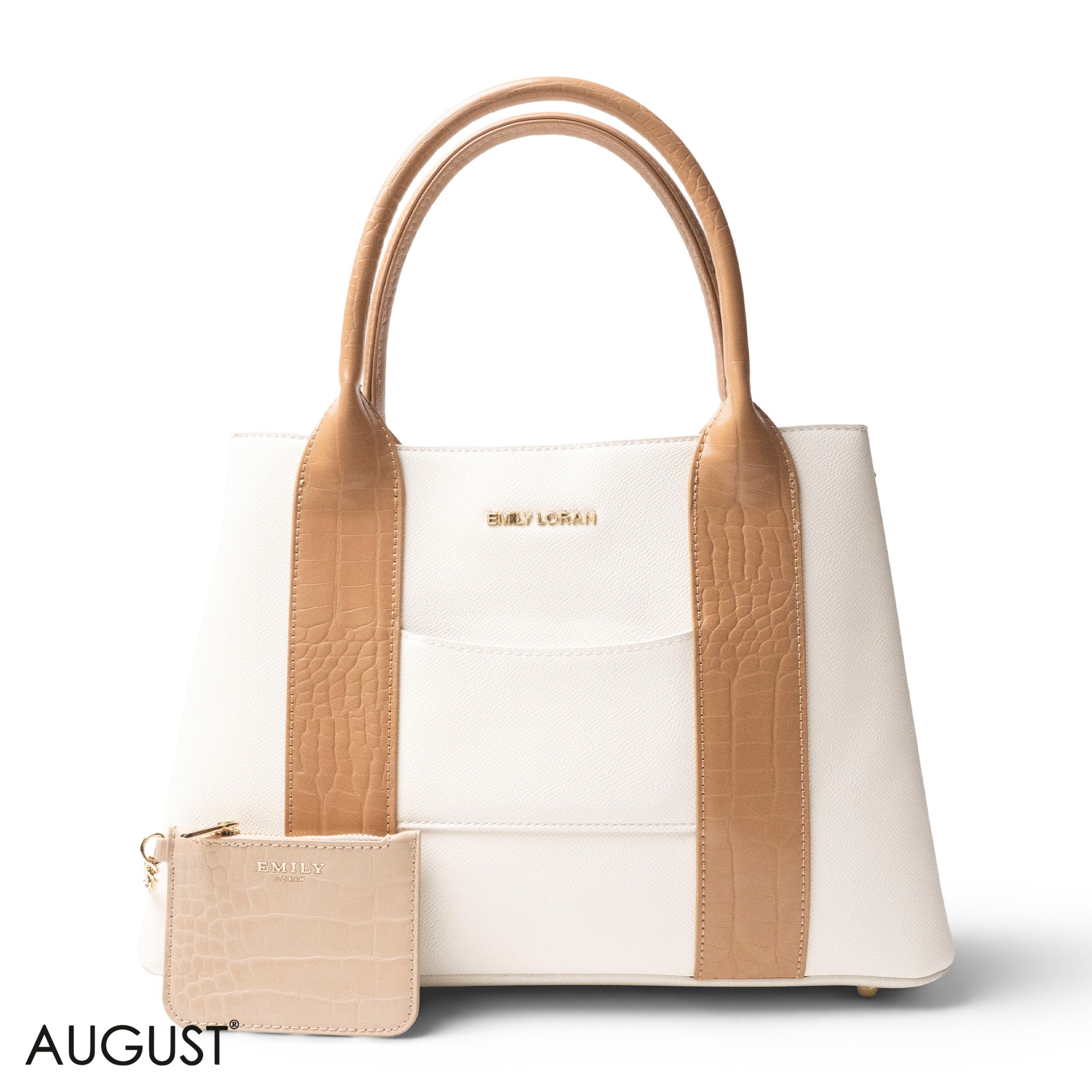 WHITE SMOOTH LEATHER HANDBAG WITH CROC DESIGN -LARGE