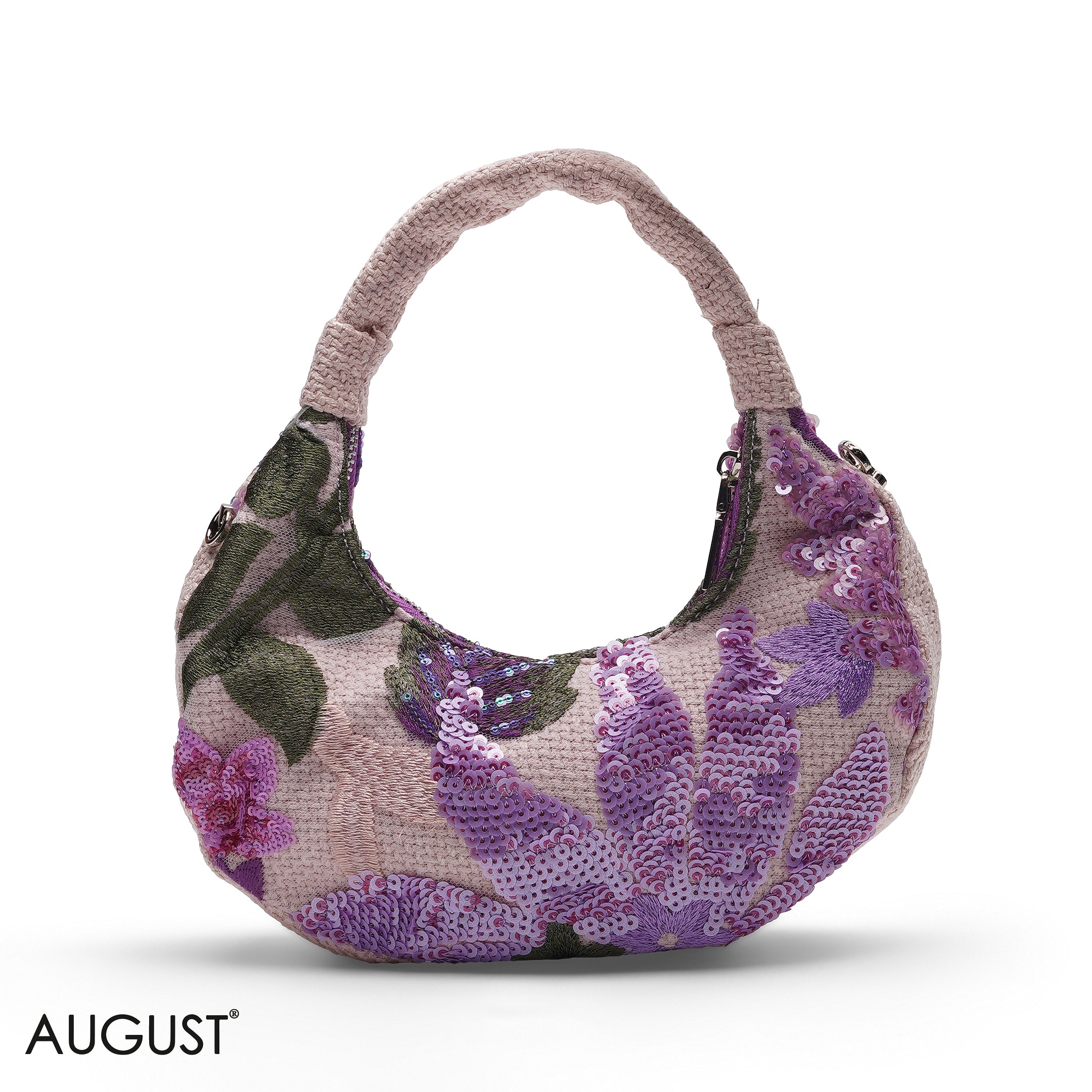 PINK FLORAL SEQUIN HOBO CROSSBODY BAG