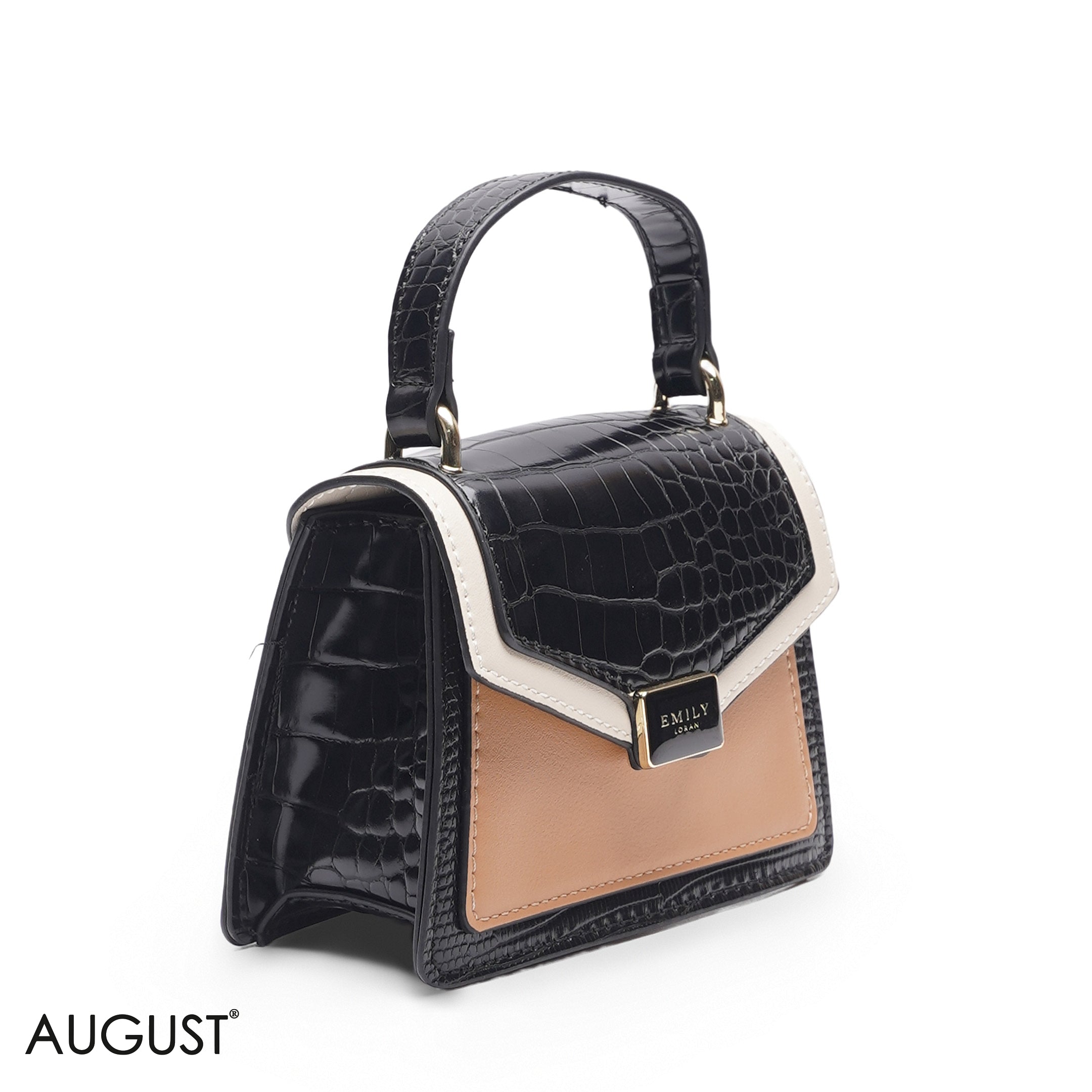 MINI BLACK & TAN BAG WITH GOLD METAL STRAP