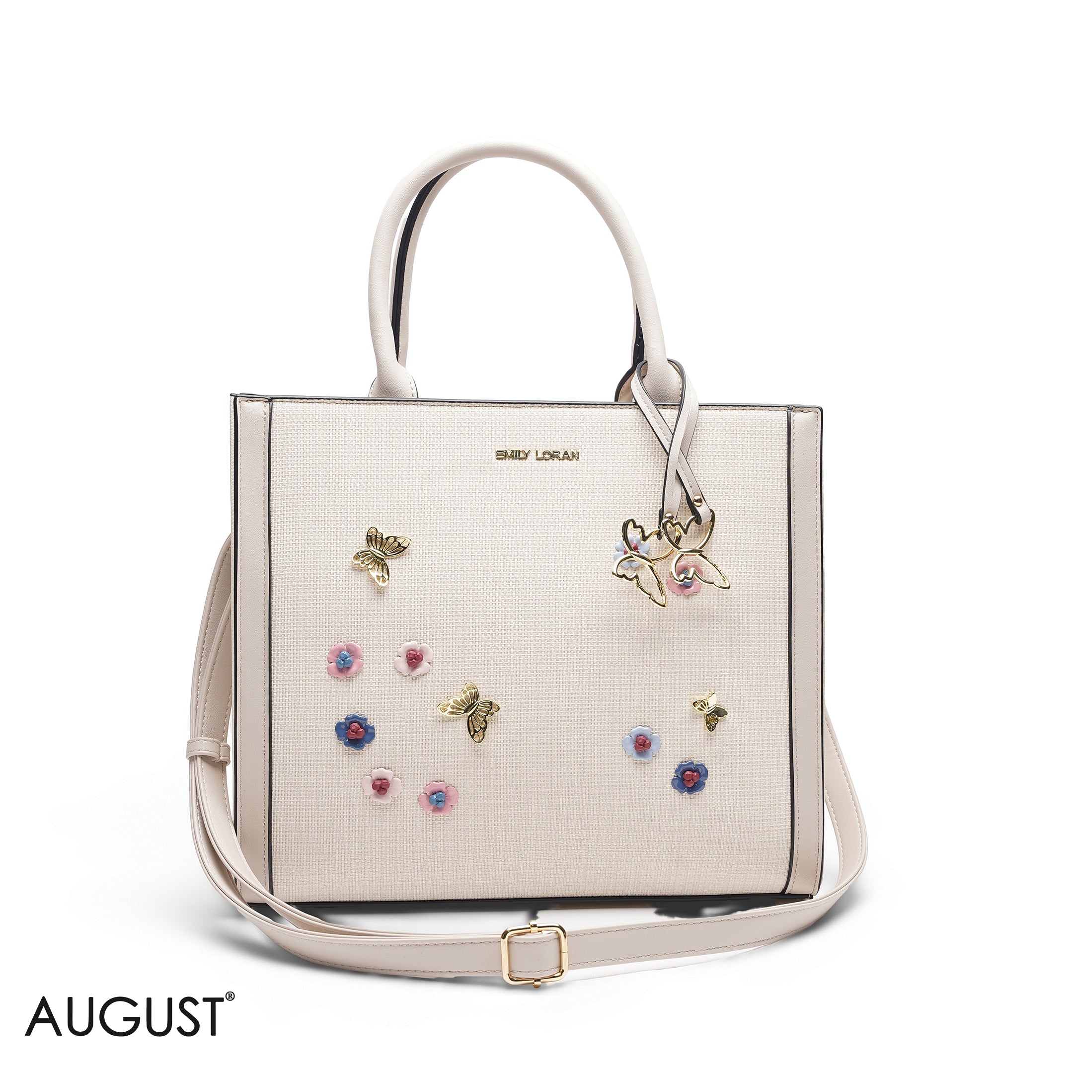 BEIGE SQUARE TOTE WITH FLORAL APPLIQUÉS - LARGE