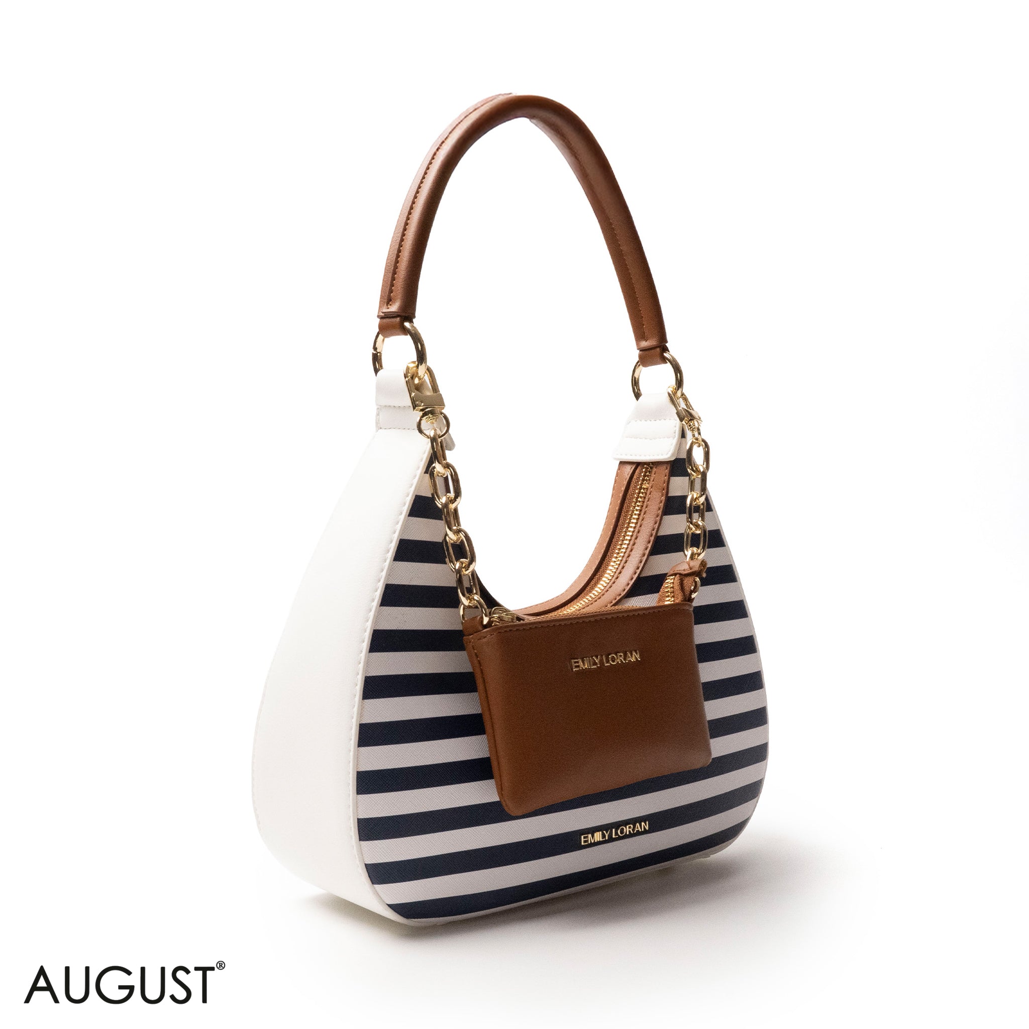 MODERN STRIPPED NAVY LEATHER HANDBAG WITH METAL CHAIN - MED