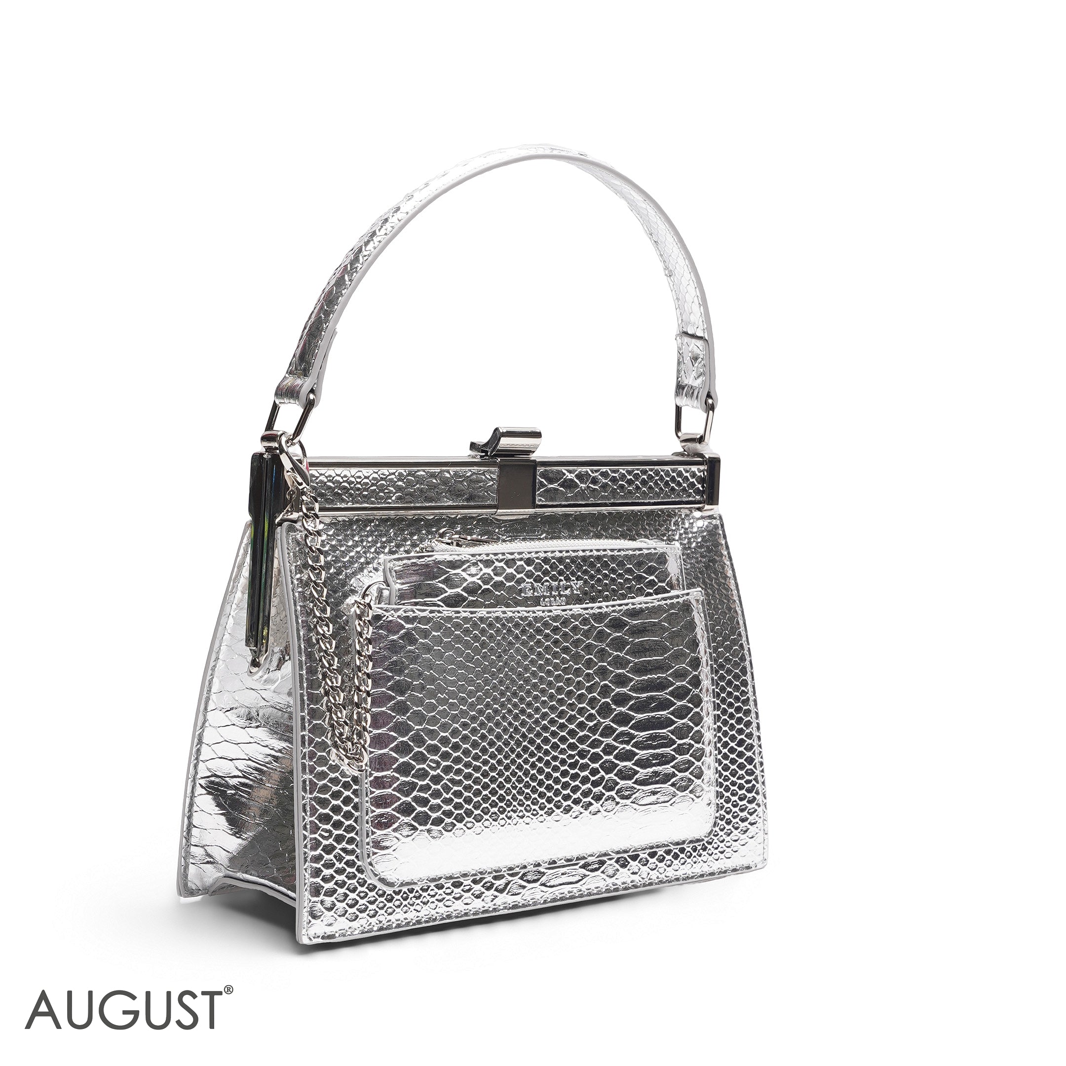 EMILY METALLIC SILVER SNAKESKIN FRAME BAG WITH MINI POUCH - MED