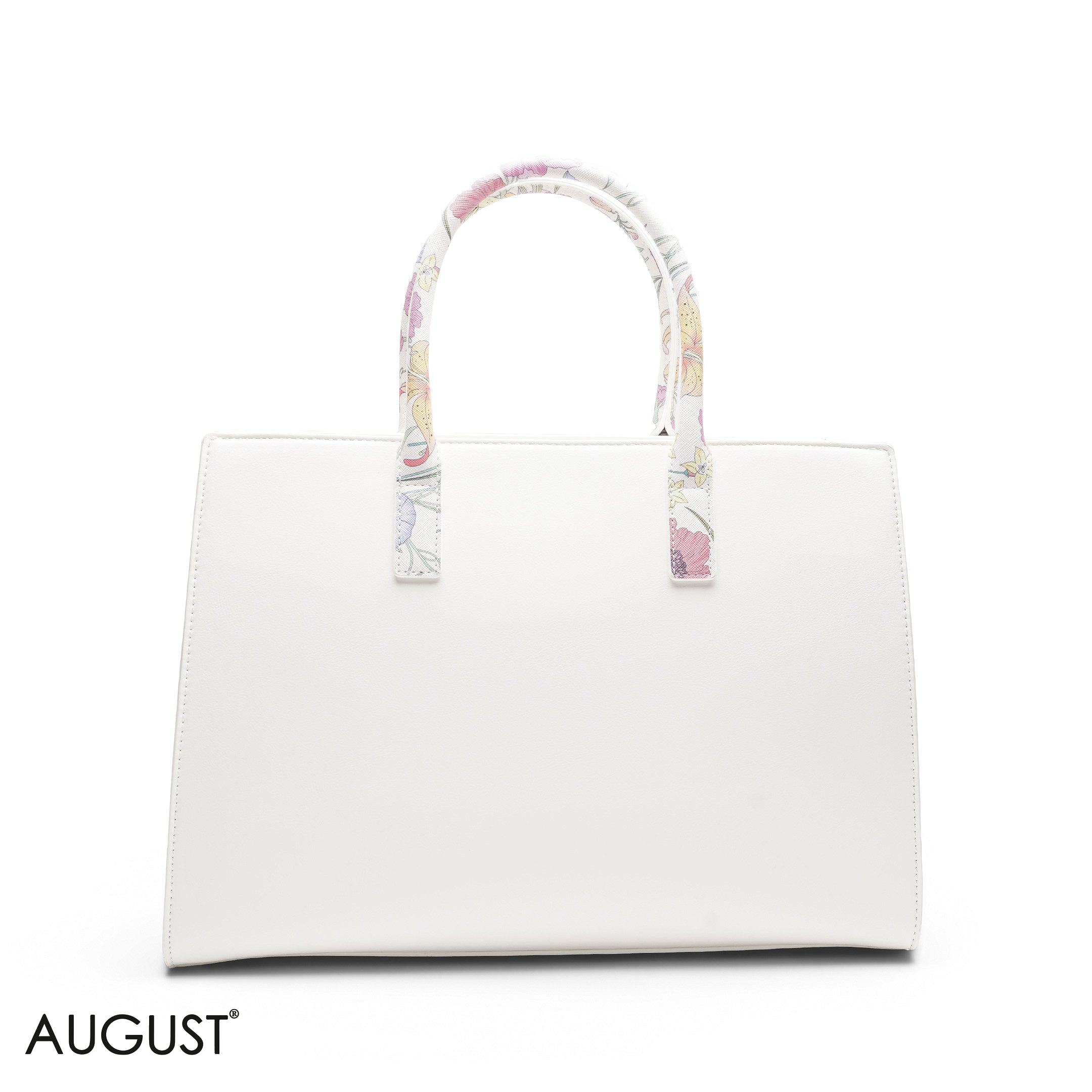 WHITE FLORAL TOTE WITH STRAP & ROUND POUCH - LARGE