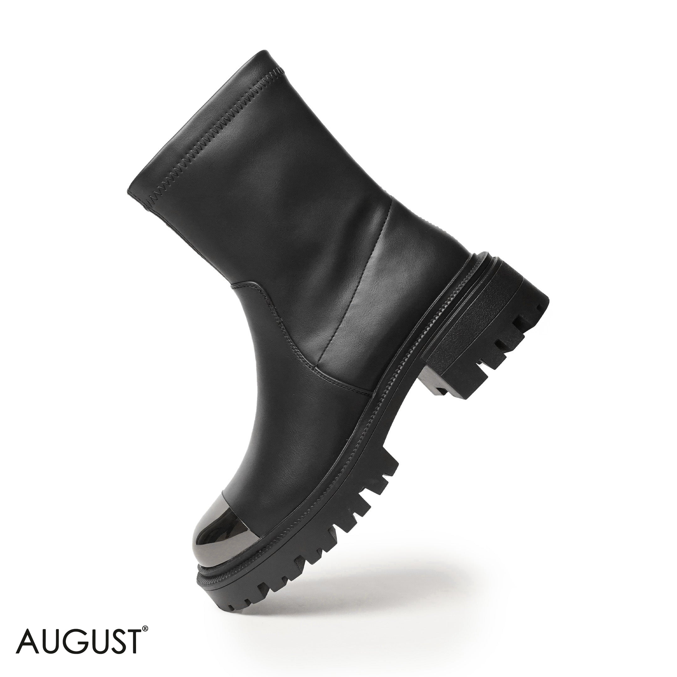 BLACK LEATHER ANKLE BOOTS WITH METALLIC TOE DESIGN