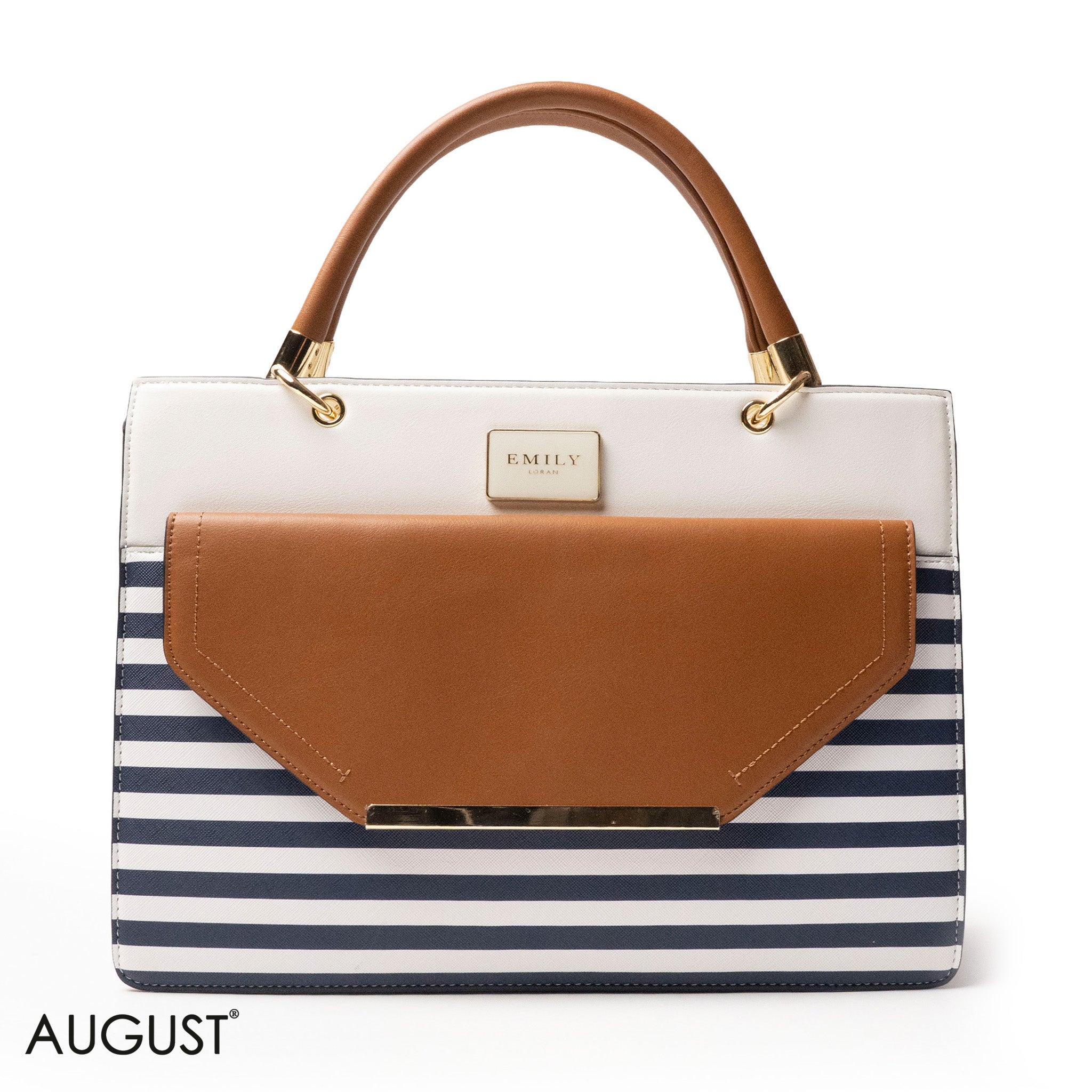 STRIPED NAVY LEATHER HANDBAG WITH FLAP - LARGE