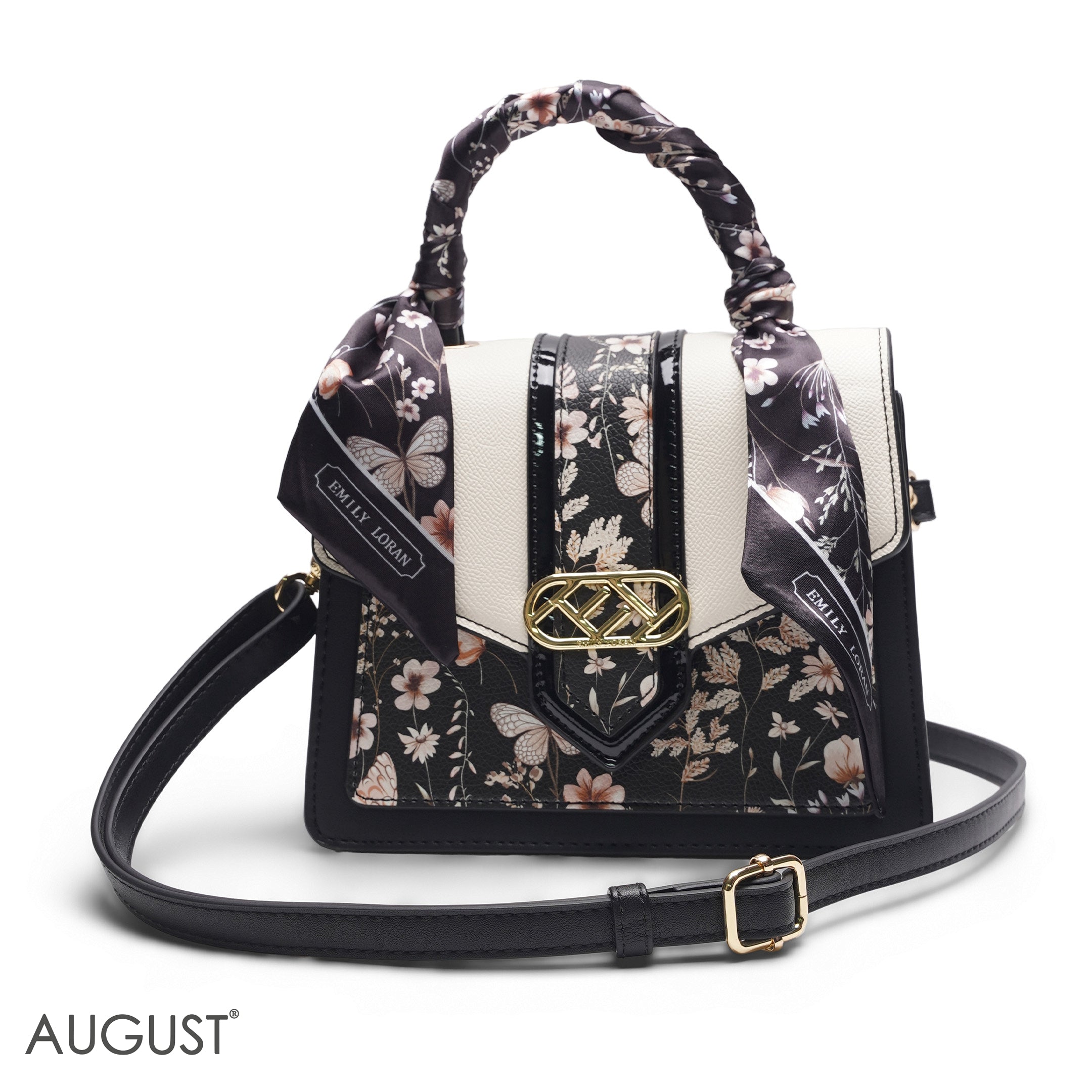 BLACK SATCHEL WITH FLORAL SCARF