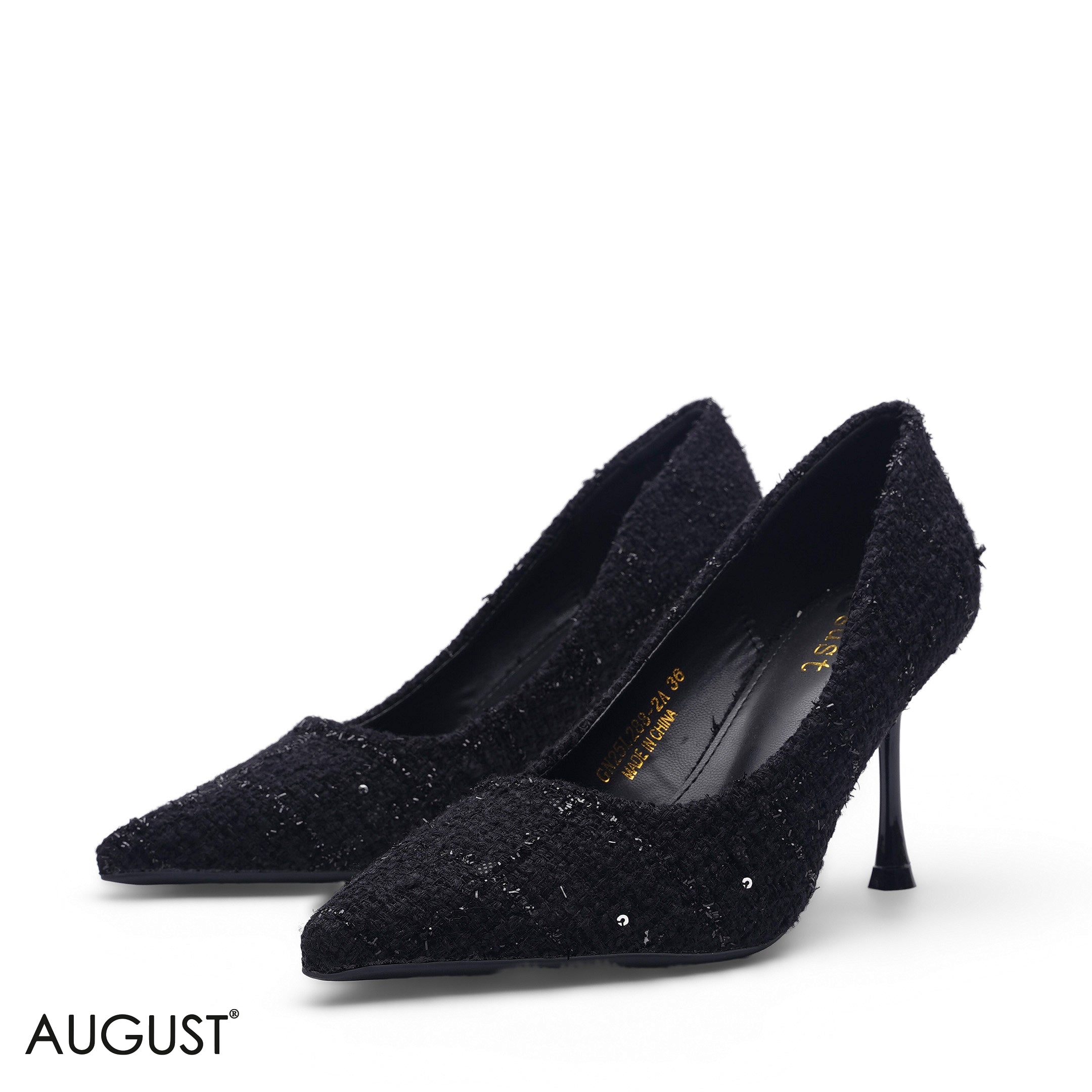 BLACK TWEED FABRIC POINTED-TOE CLASSIC STILETTO HEELS