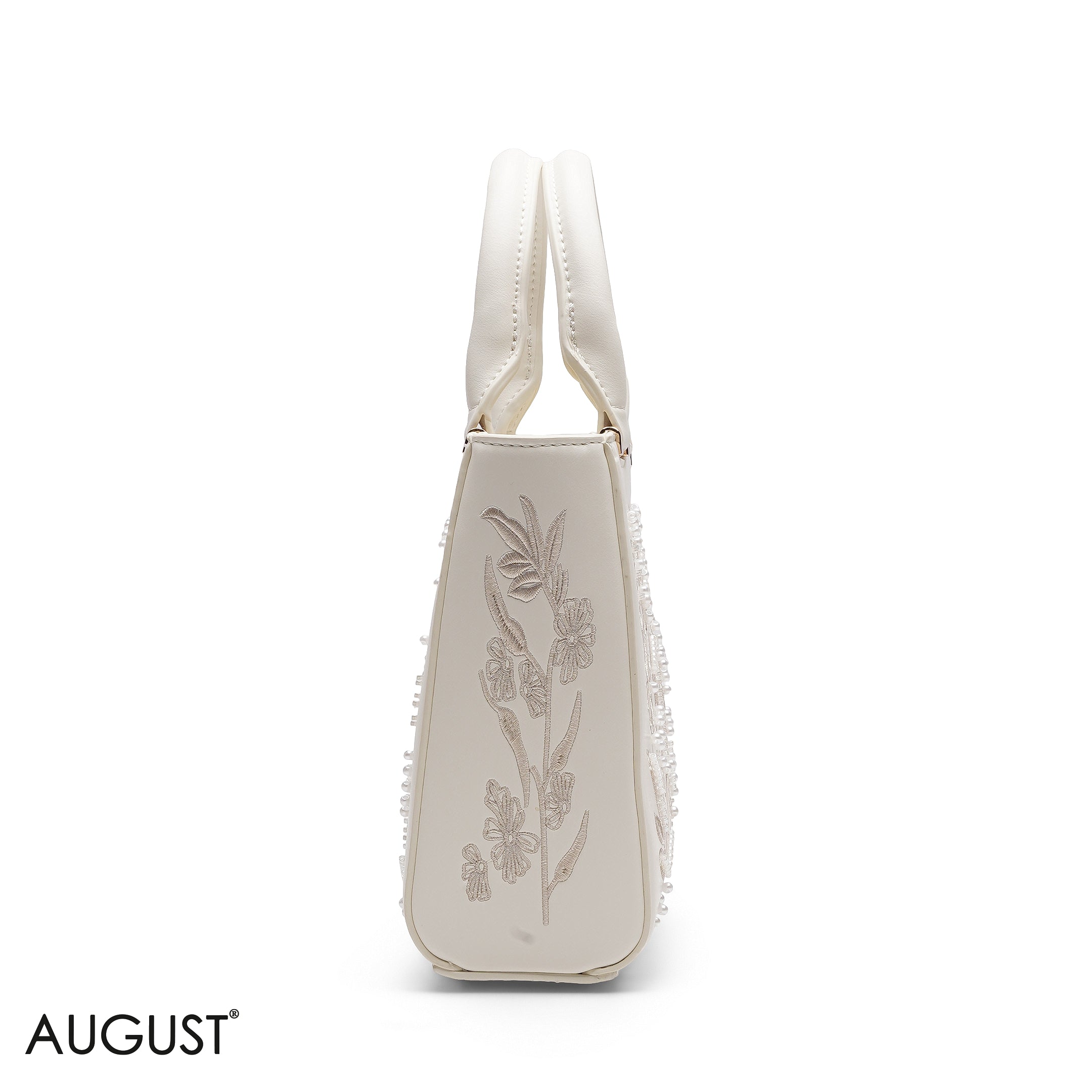 WHITE FLORAL PEARL EMBROIDERED TOTE BAG