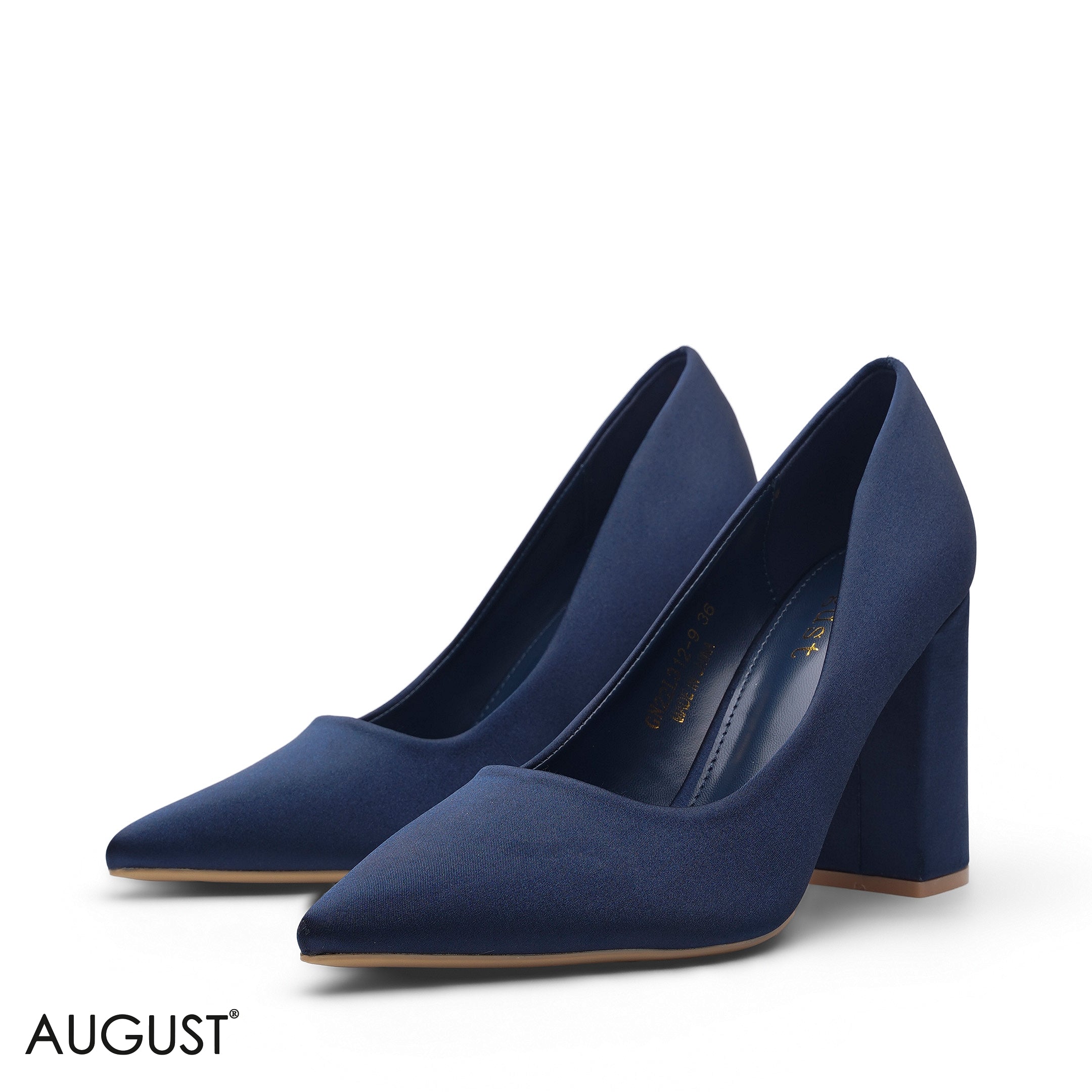 NAVY BLUE SATIN POINTED-TOE BLOCK HIGH HEEL