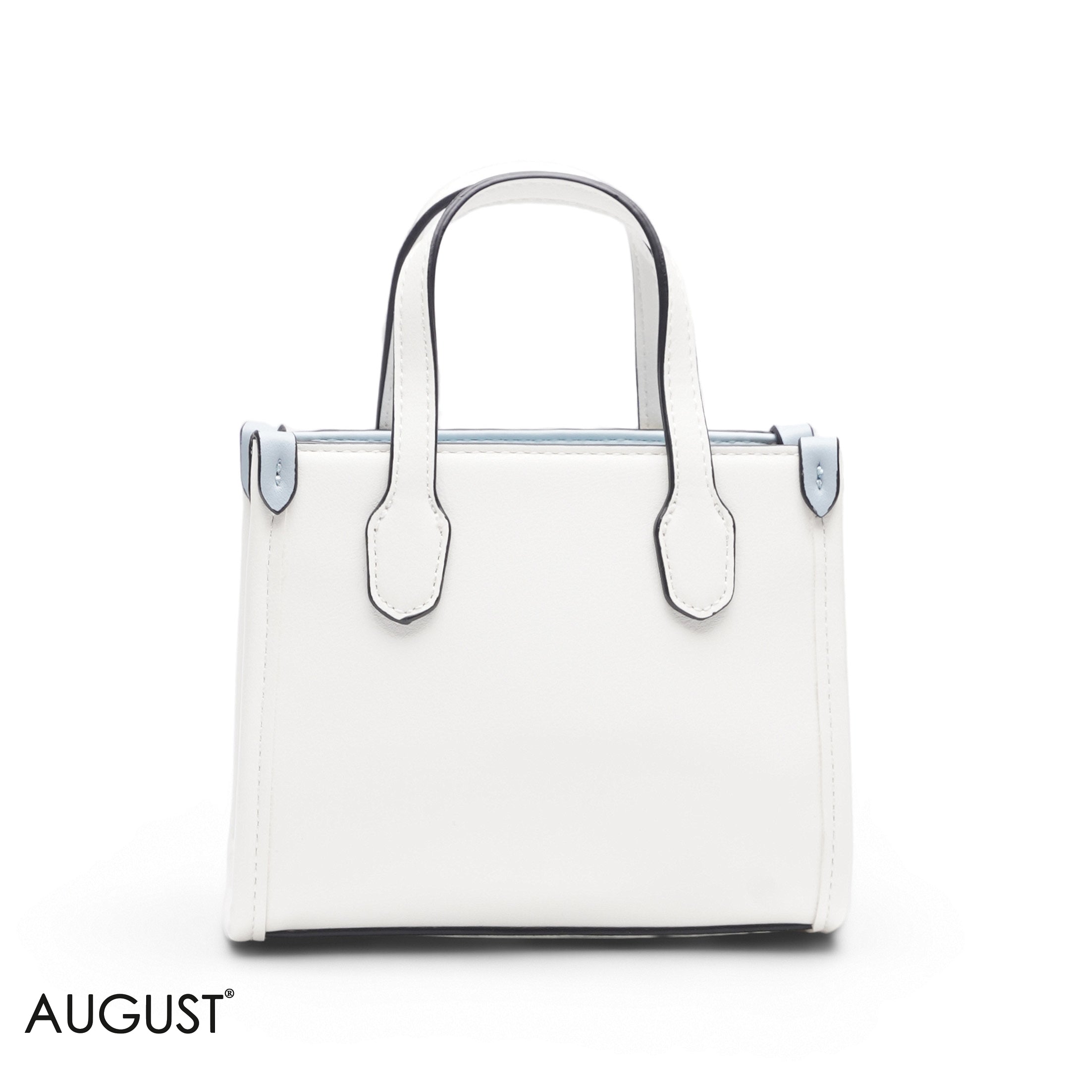 MINI WHITE BAG WITH BLUE & YELLOW ACCENTS WITH GOLD METAL STRAP