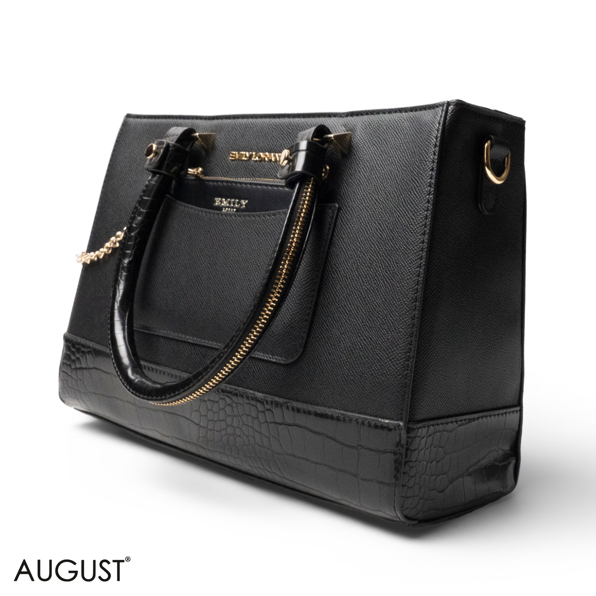 BLACK LEATHER SMOOTH HANDBAG WITH CROC DETAILS-LARGE