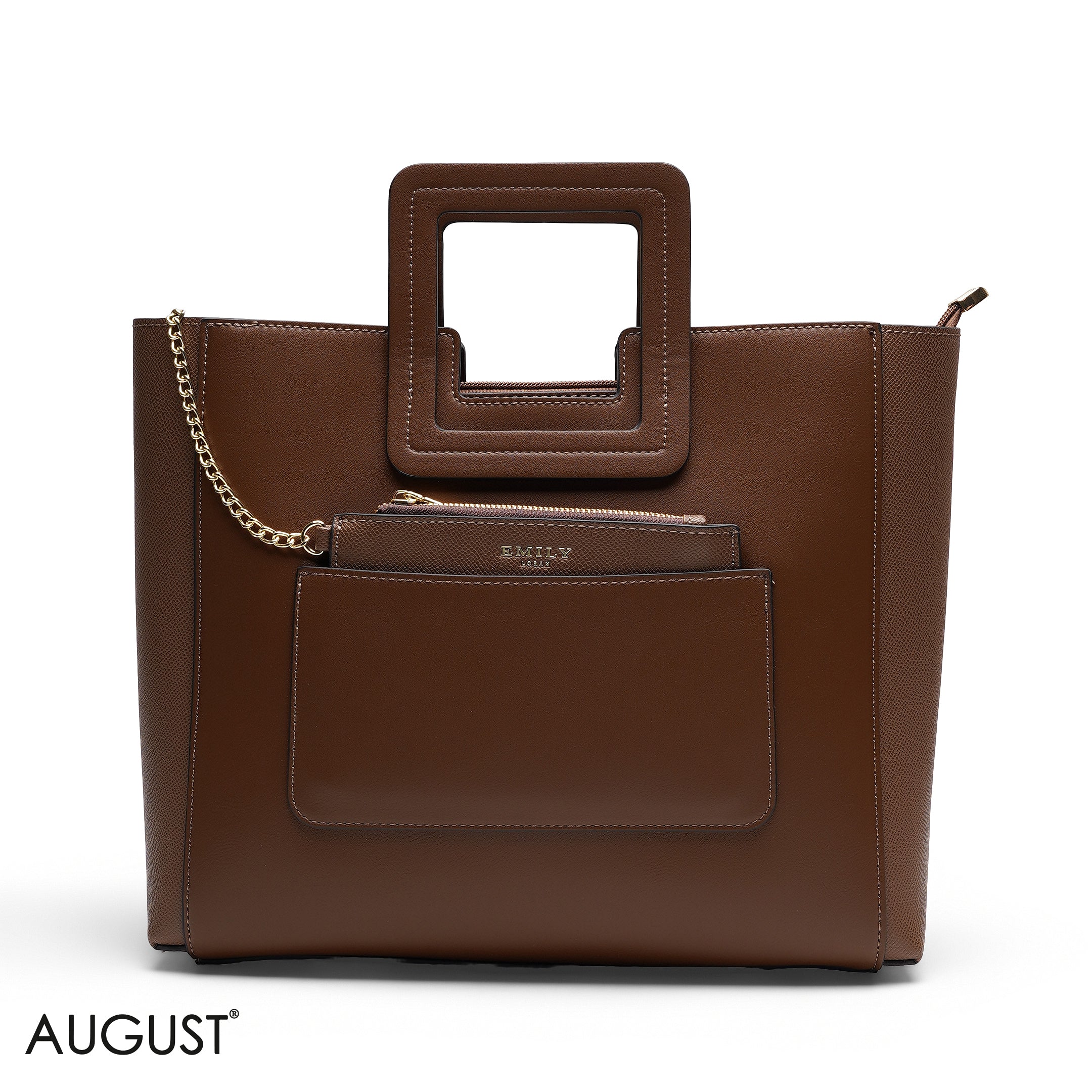 BROWN TEXTURED LEATHER TOTE WITH SNAKESKIN POUCH BAG
