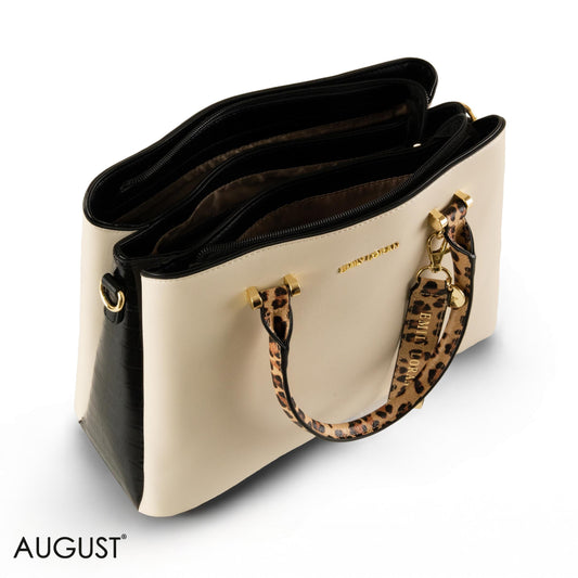 CREAMY SMOOTH LEATHER HANDBAG WITH LEOPARD ACCENTS - LARGE