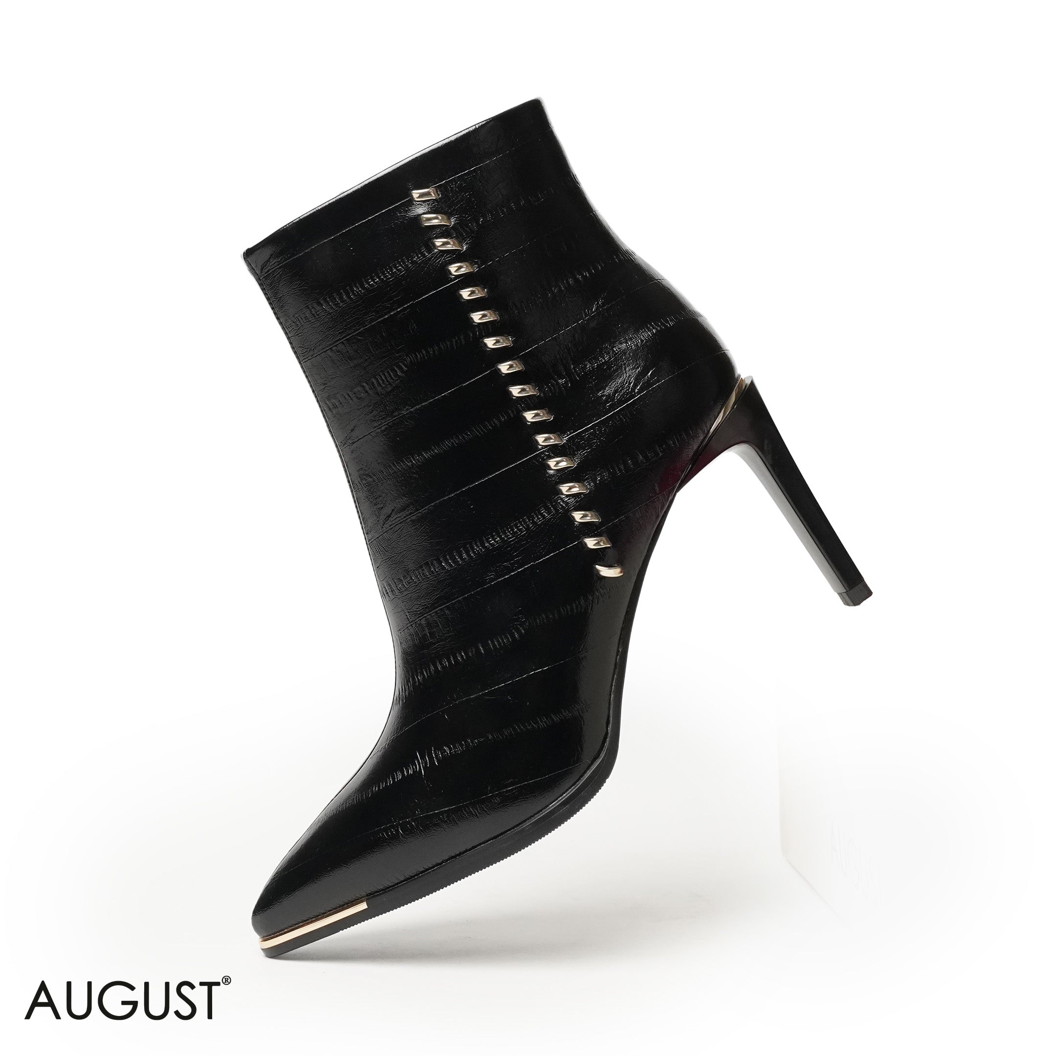 SHINY LEATHER HEELED BOOTS WITH METALLIC ACCENTS