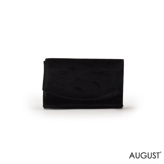 BLACK ENGRAVED LEATHER MINI WALLET WITH FLAP