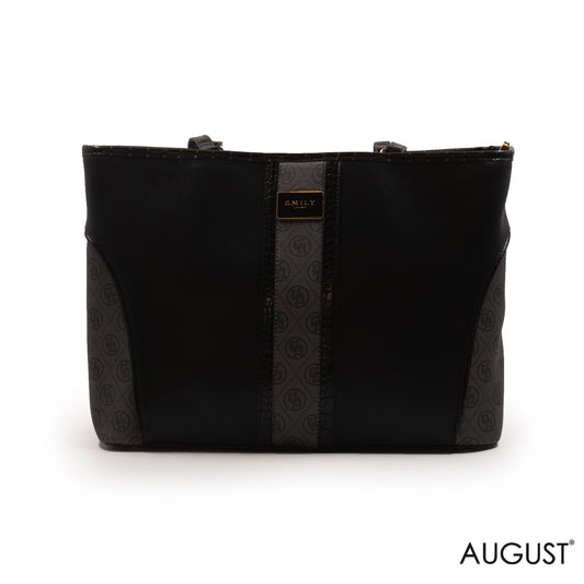 BLACK LEATHER EMILY LORAN WITH PATTERNED TRIM-LARGE