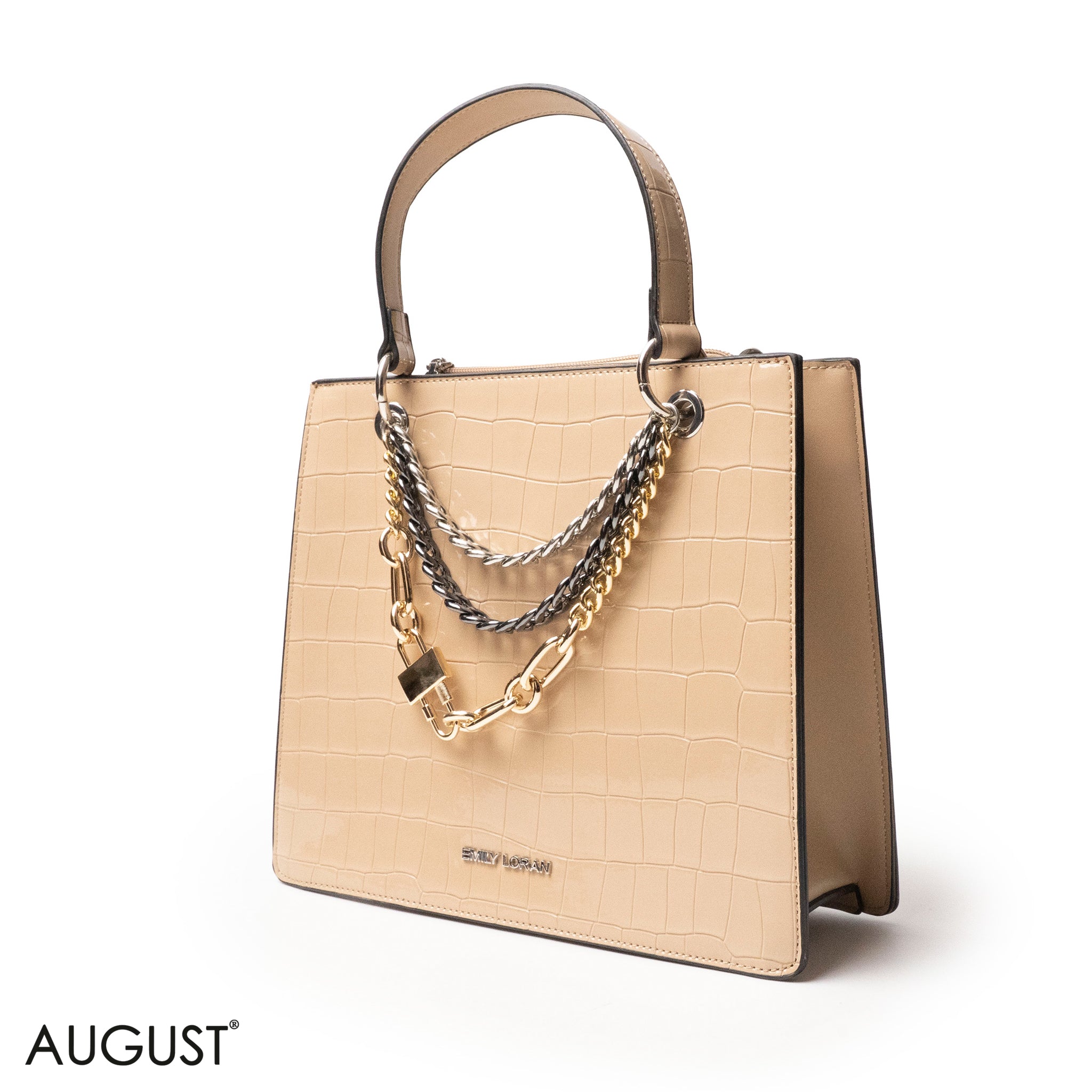 BEIGE LEATHER HANDBAG WITH METAL CHAIN ACCENTS - MED