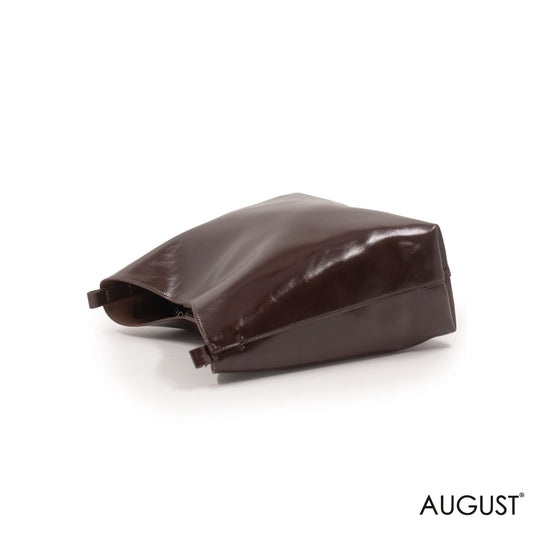 GLOSSY DARK BROWN LEATHER SHOULDER BAG -LARGE