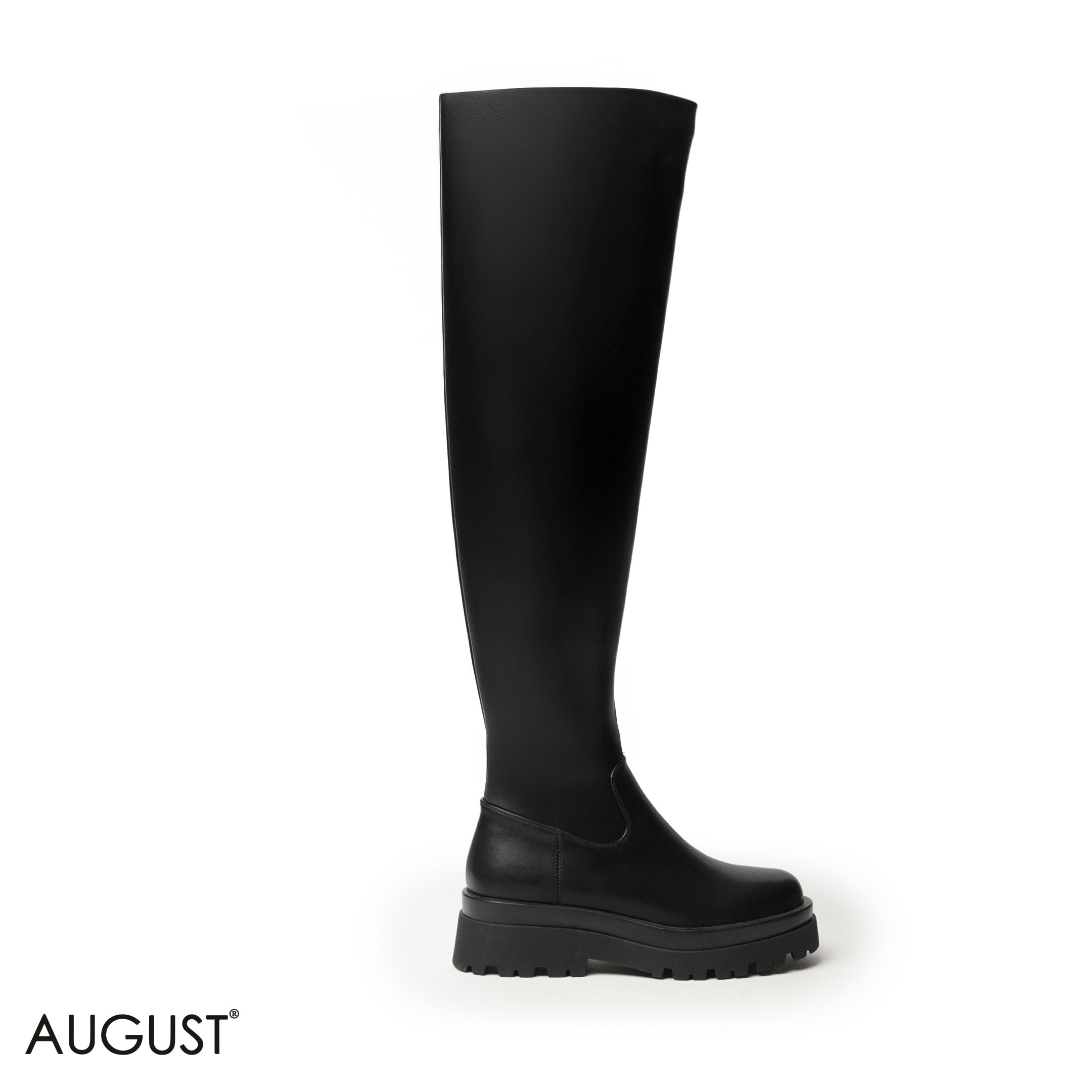 BLACK SHINY LEATHER KNEE-HIGH BOOTS WITH THICK SOLE