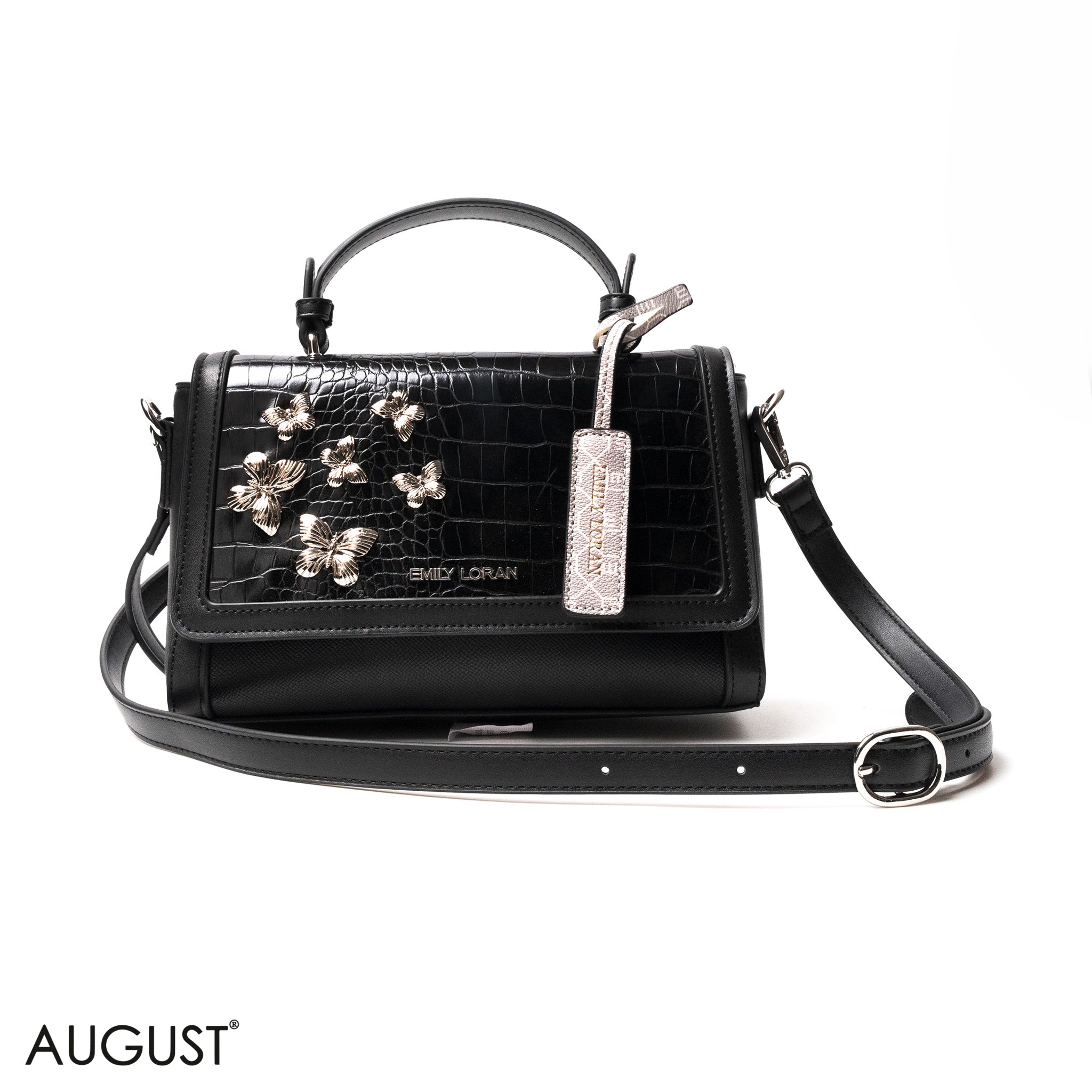 BLACK LEATHER HANDBAG WITH CROC,BUTTERFLIES DETAILS-MED