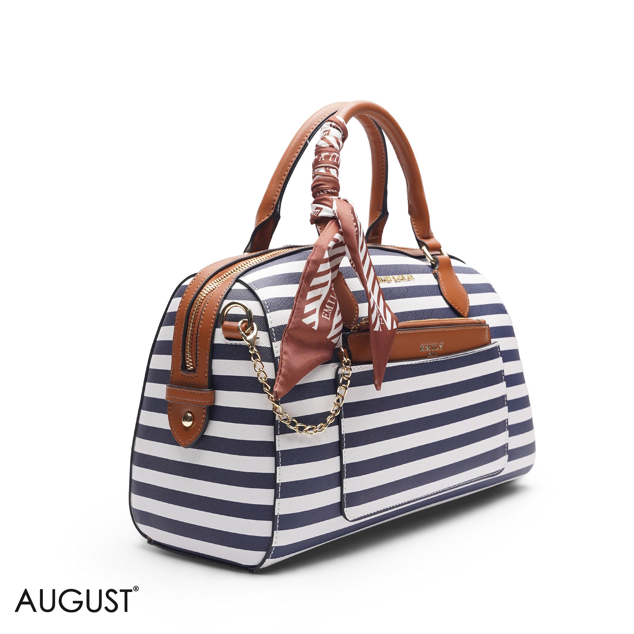 STRIPED BLACK & WHITE BAG WITH FRONT POUCH & SCARF - LARGE