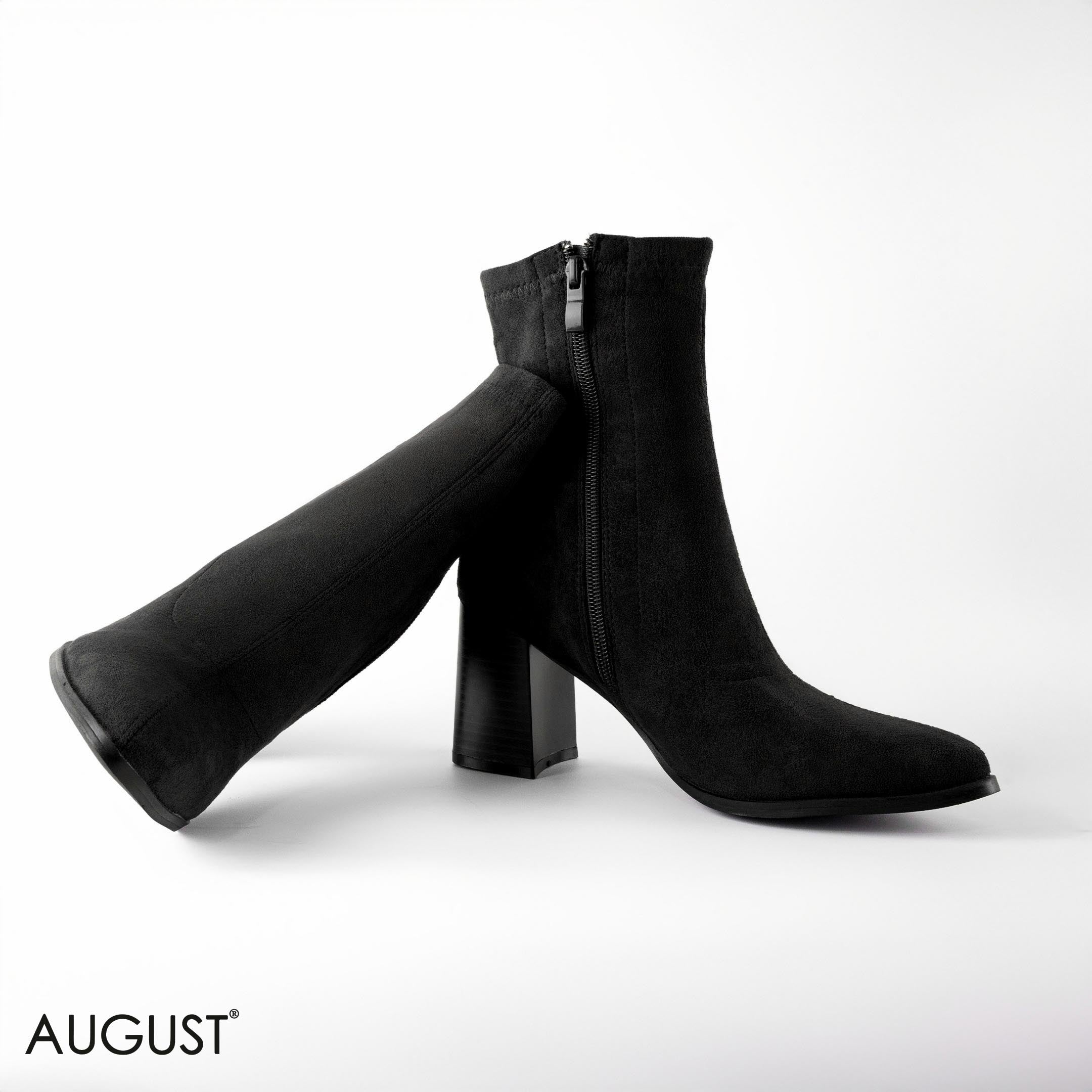 BLACK SUEDE HEELED STRETCHY SOCK BOOTS