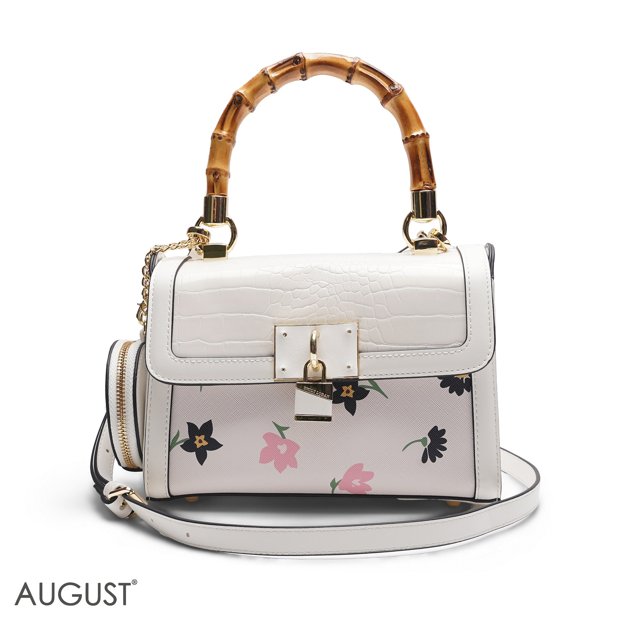 WHITE FLORAL BAMBOO HANDLE BAG WITH ROUND POUCH