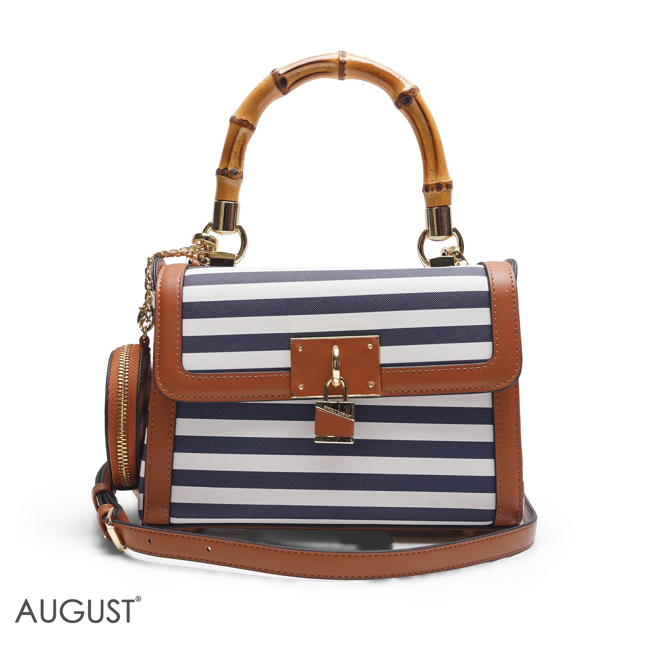 STRIPED BAMBOO HANDLE BAG WITH ROUND POUCH