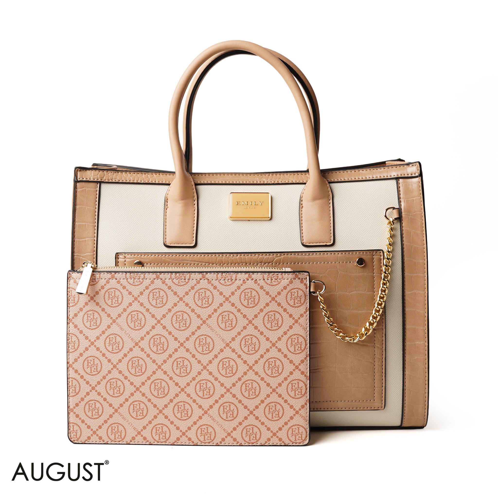 BEIGE HANDBAG WITH CROCODILE PRINT - LARGE