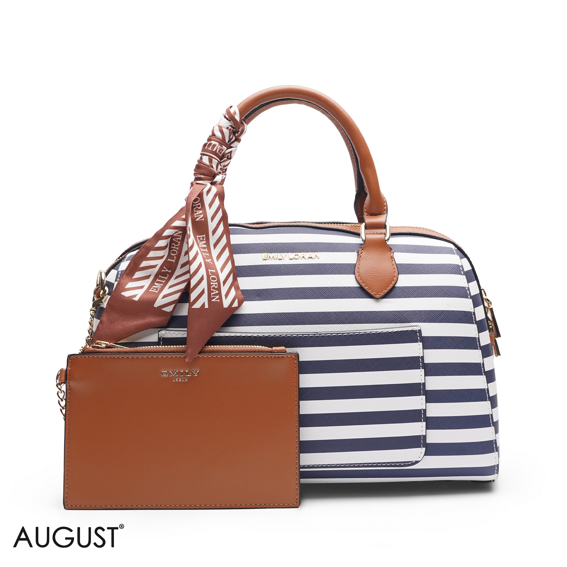 STRIPED BLACK & WHITE BAG WITH FRONT POUCH & SCARF - LARGE