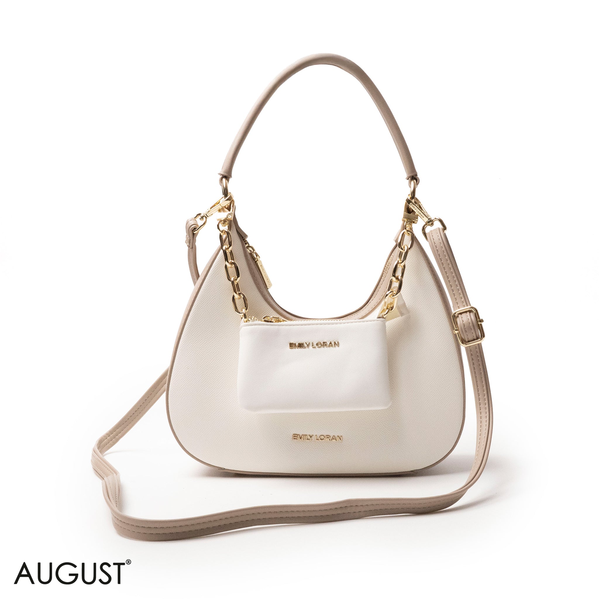 MODERN WHITE LEATHER HANDBAG WITH METAL CHAIN - MED