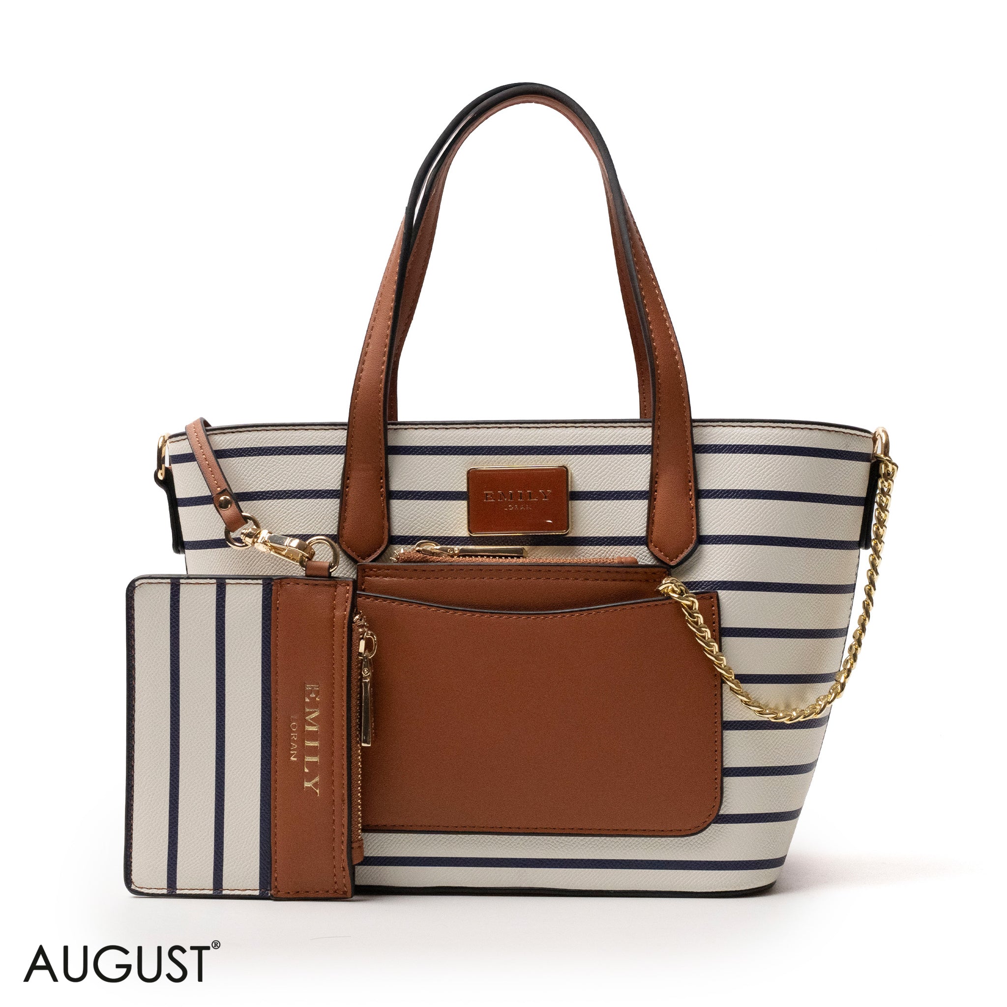 LEATHER HANDBAG WITH STRIPED NAVY ACCENTS - MED