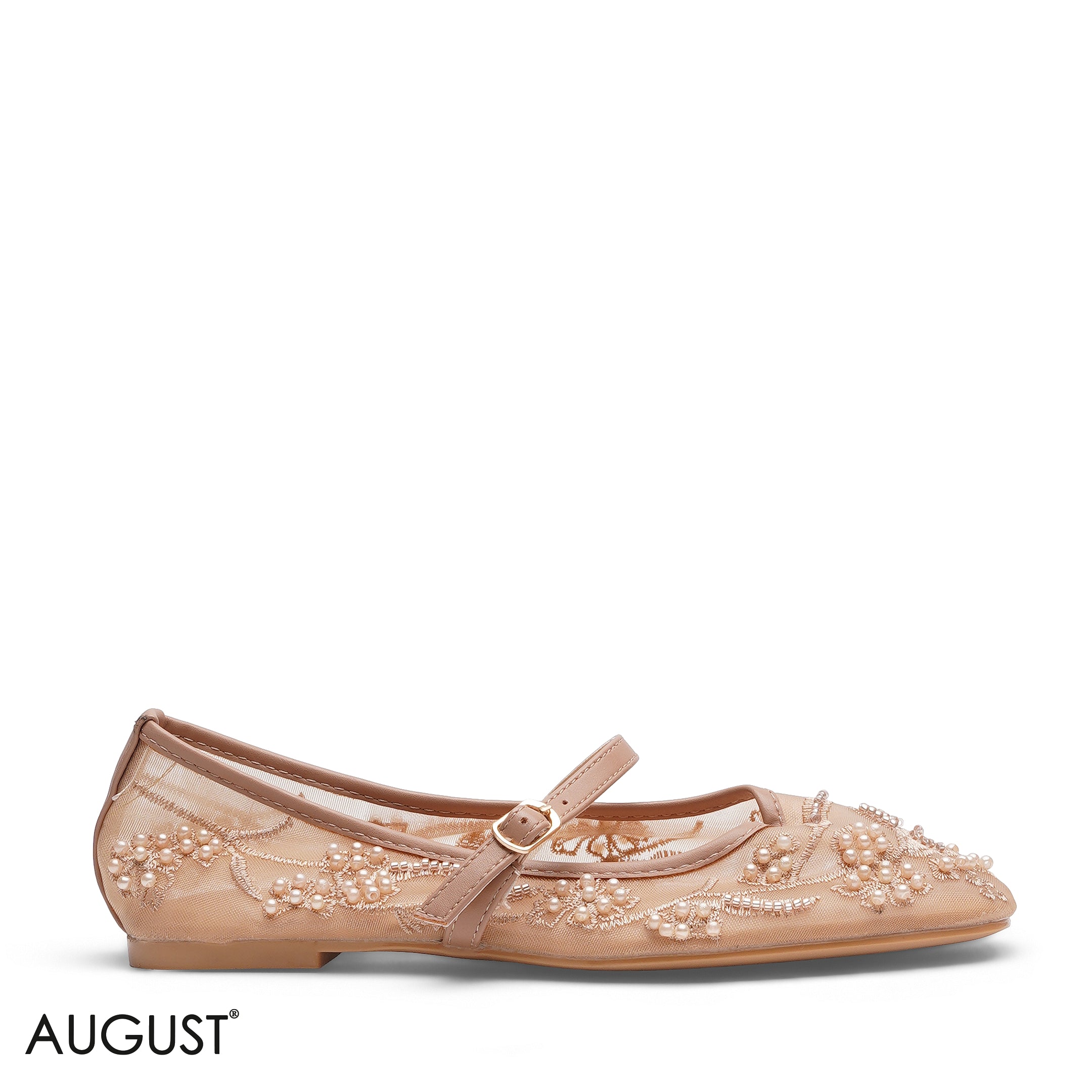 EMBROIDERED MESH BALLERINA FLAT WITH PEARL ACCENTS